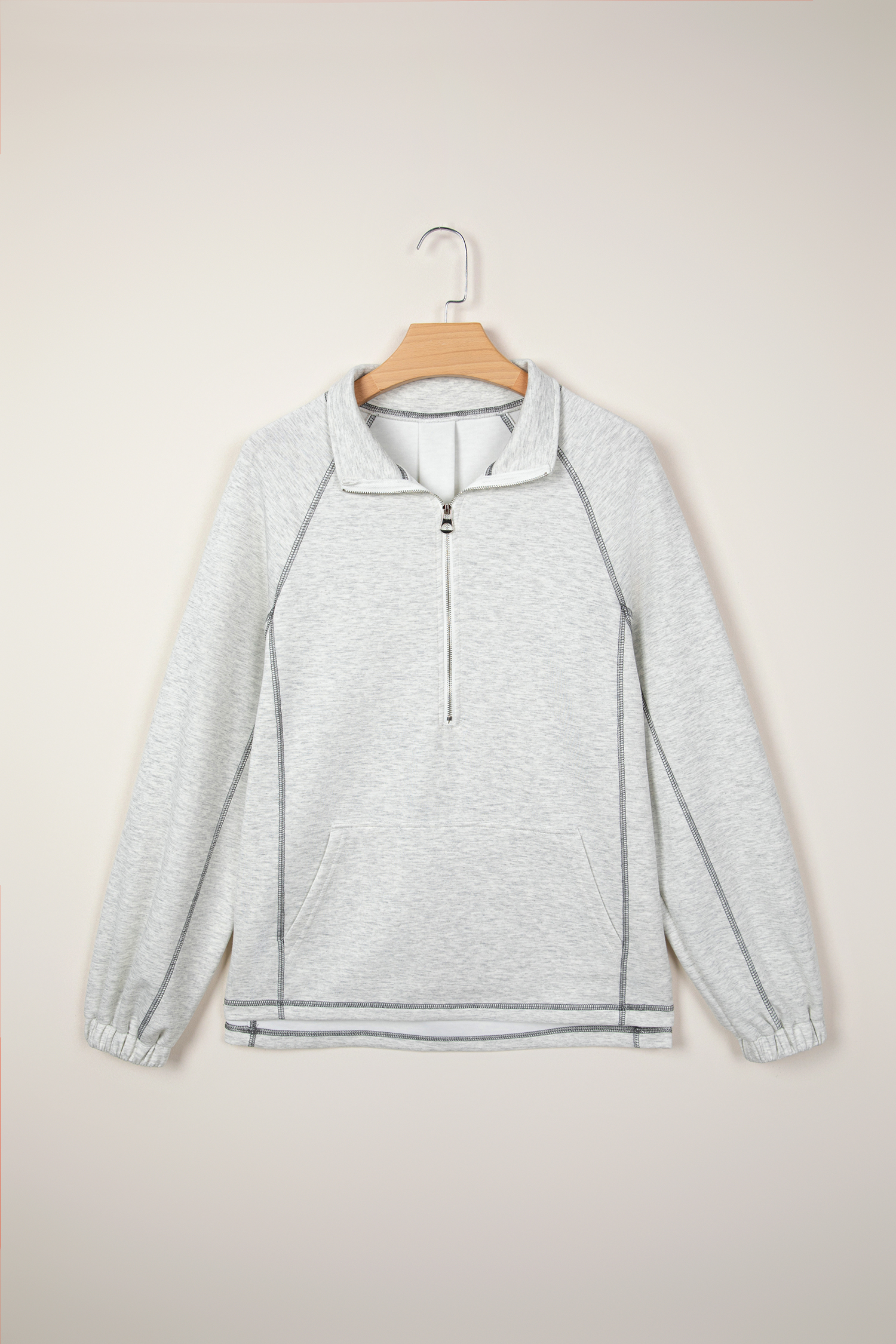 Light Grey Half Zip Stand Neck Seam Detail Long Sleeve Top