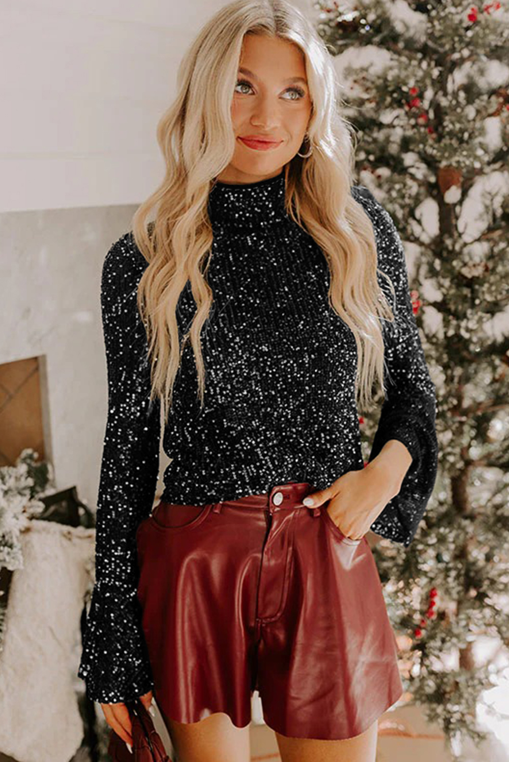 Jet Stream Sequin Mock Neck Drape Open Back Bell Sleeve Top