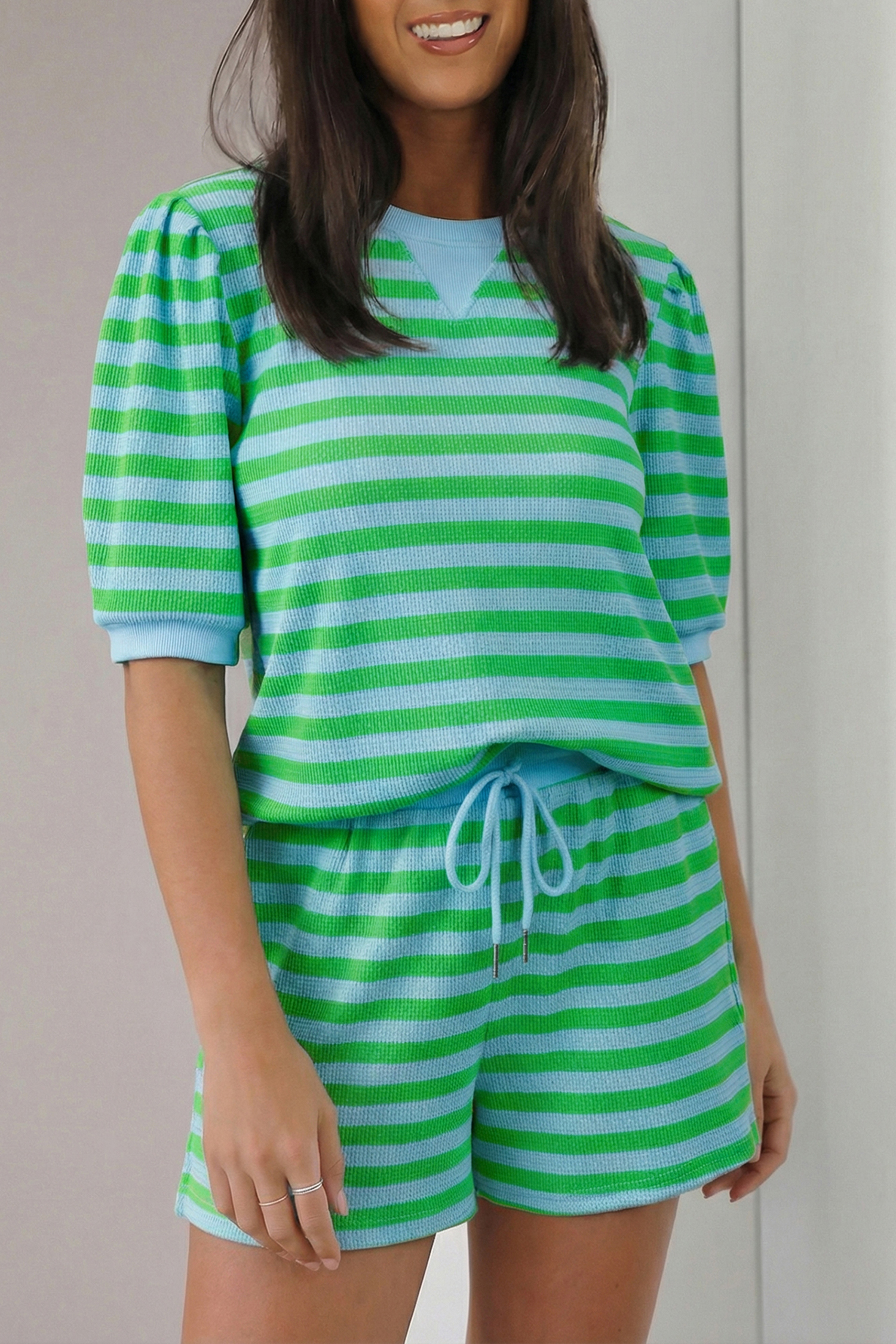 Green Stripe Puff Short Sleeve T Shirt Matching Shorts Set