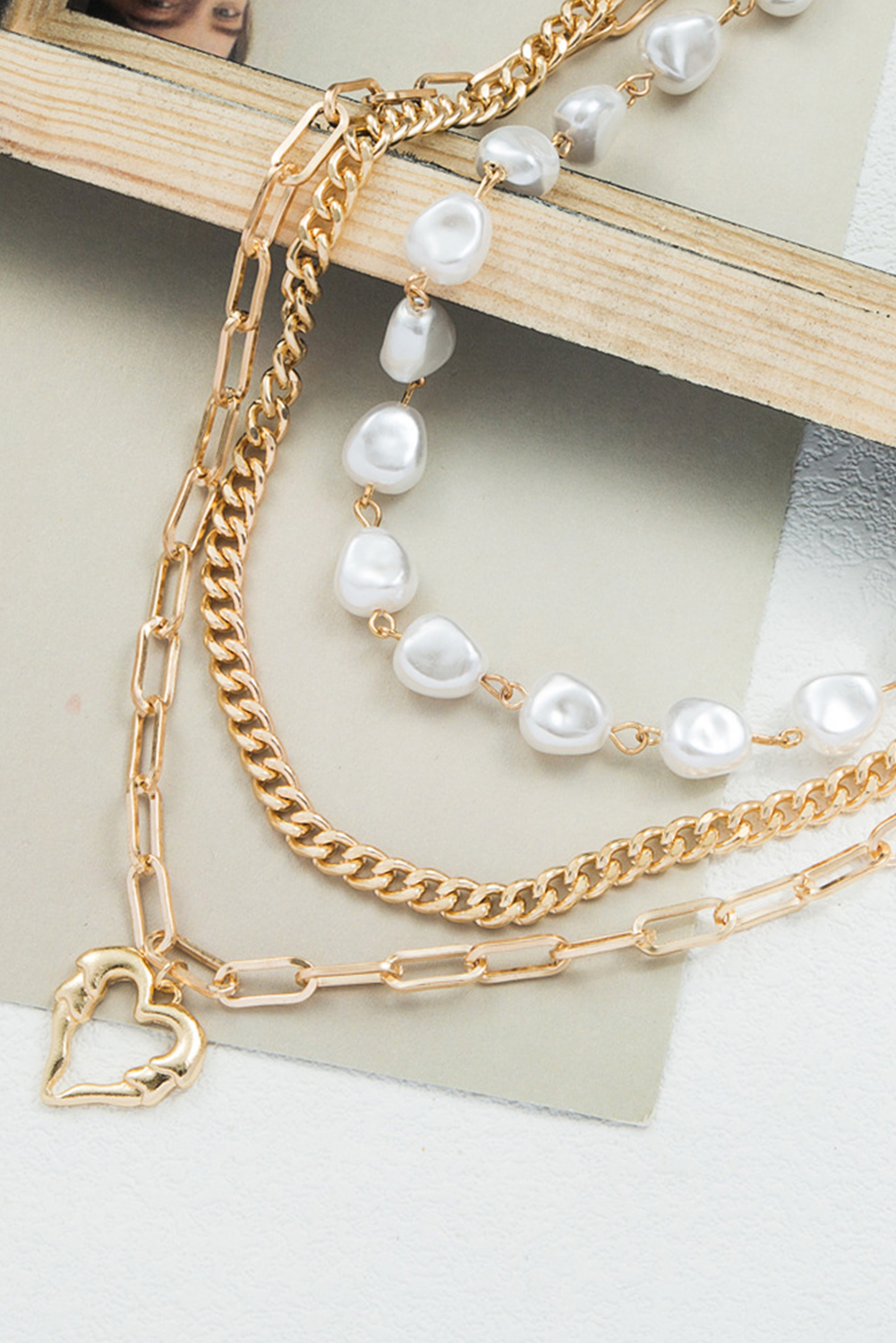 Gold Plated Heart Chain Pearl Beading 3pcs Necklace Set