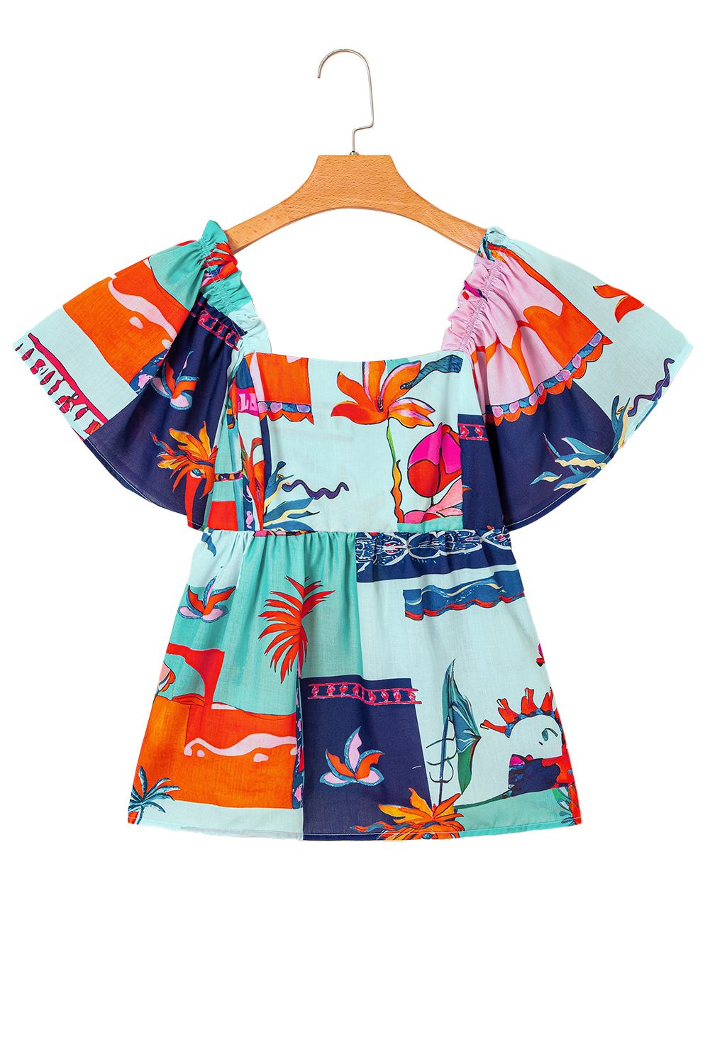 Sky Blue Tropical Printed Square Neck Flutter Sleeve Babydoll Blouse