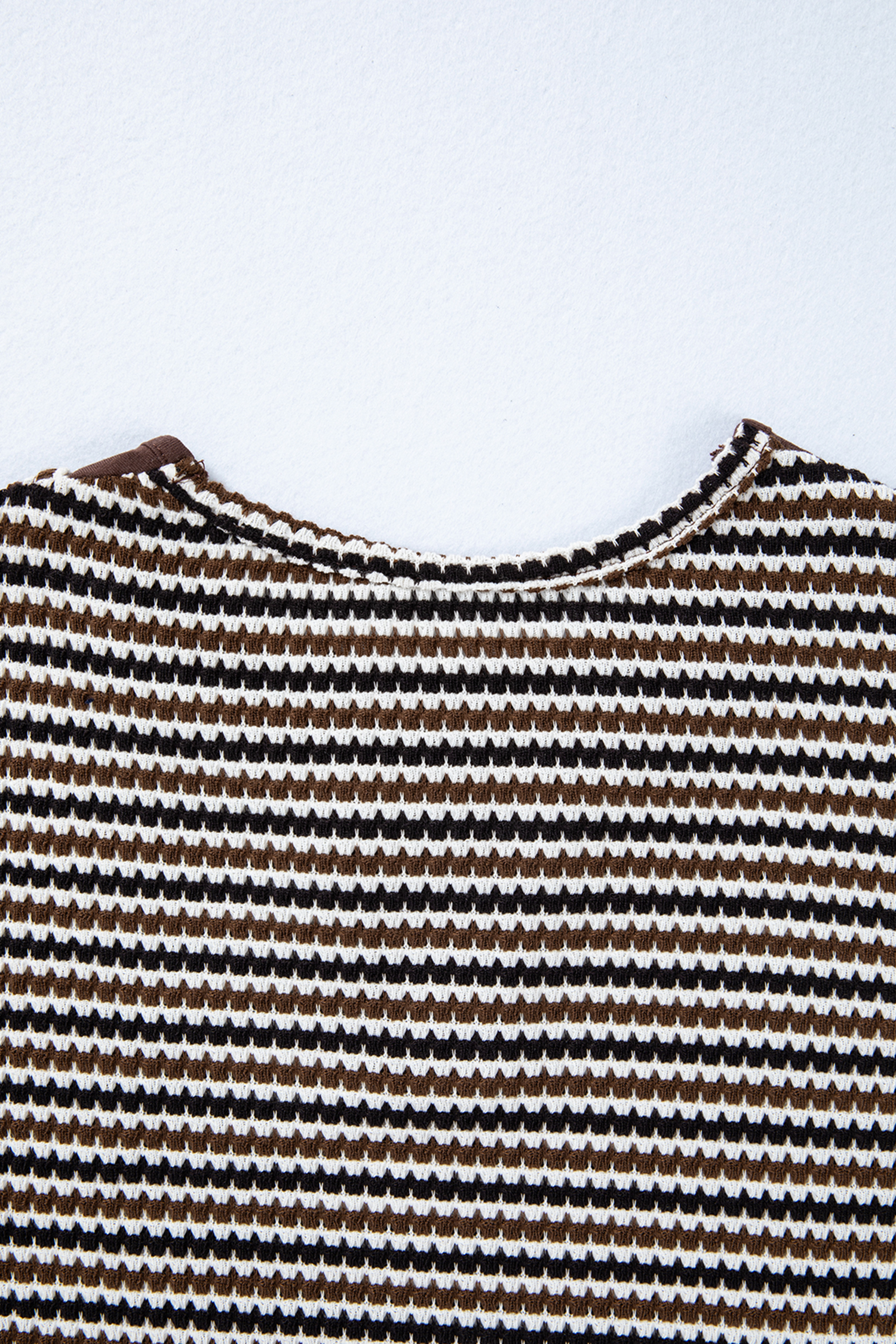 Brown Faux Two Piece Textured Striped Round Neck Long Sleeve T Shirt