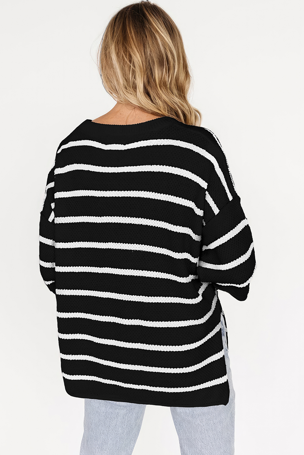 Black Stripe Henley Buttoned Placket Drop Shoulder Bracelet Sleeve Knit Sweater Tee