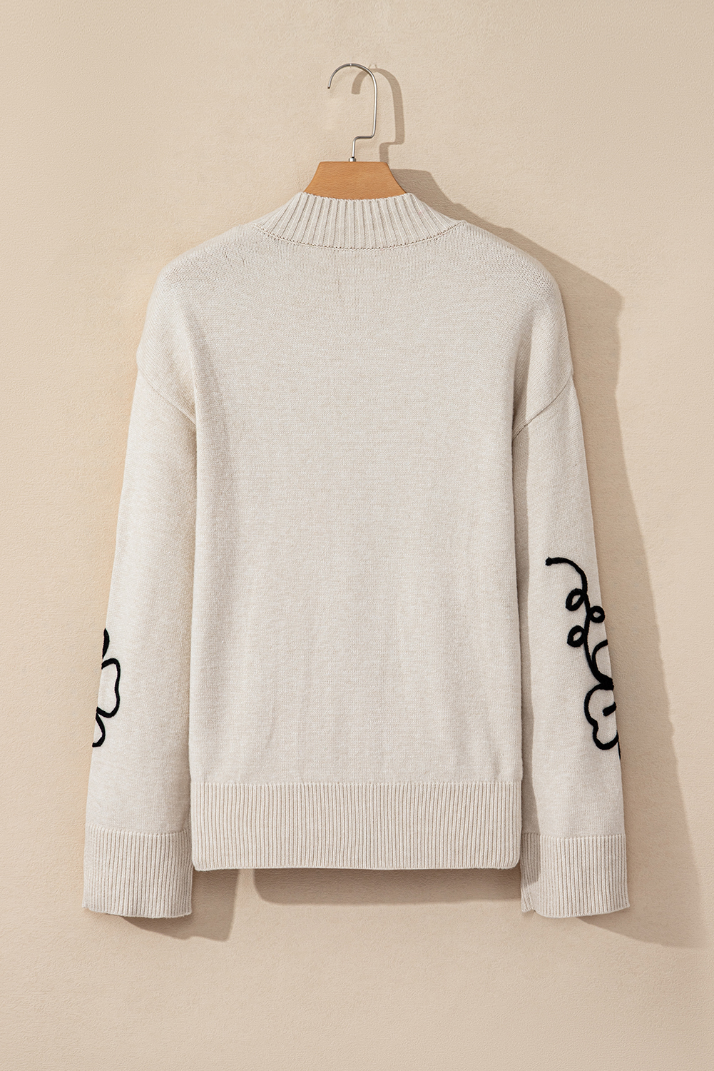Beige Flower Stitching Mock Neck Sweater
