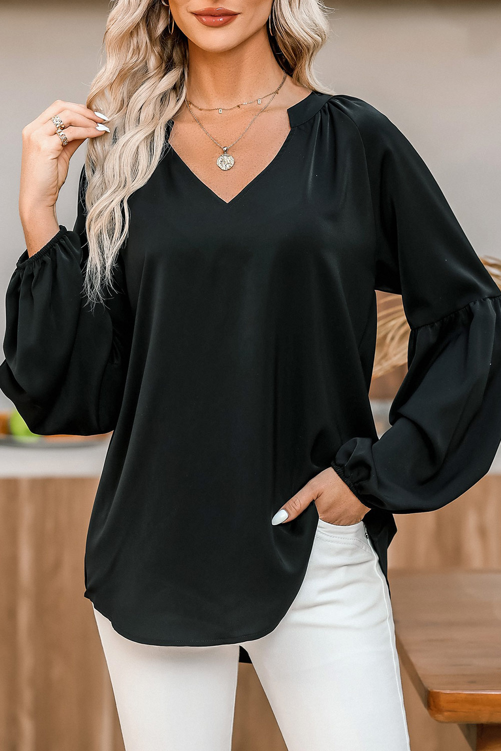 Black V Neck Long Puff Sleeve Top
