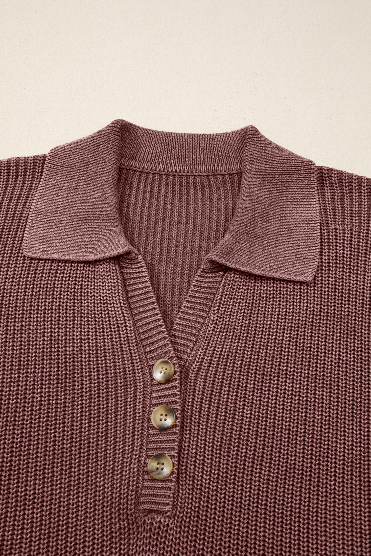 Dark Brown Mineral Washed Knit Button Polo Collar Loose Sweater