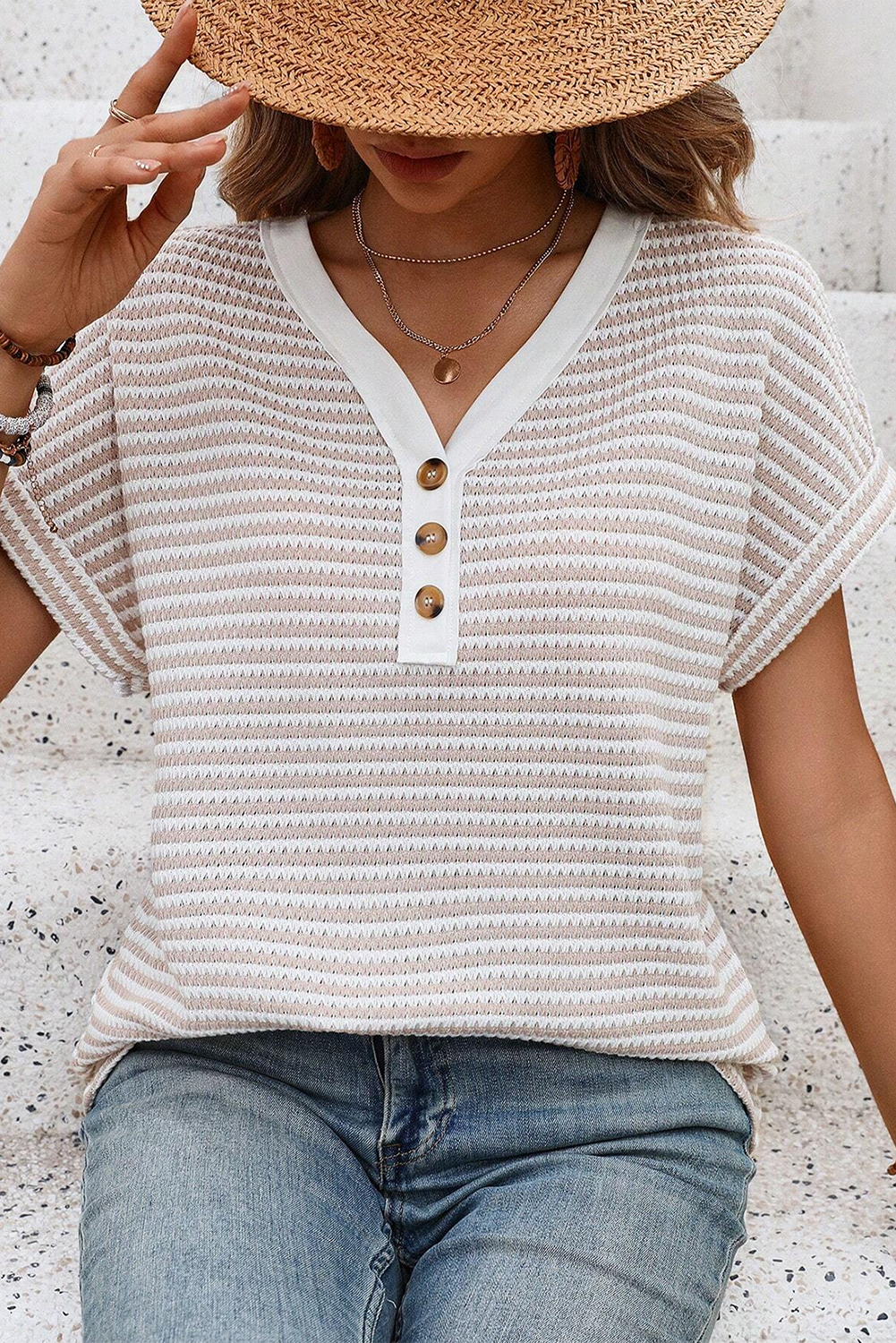 Khaki Stripe Buttoned Front V Neck Knitted T Shirt