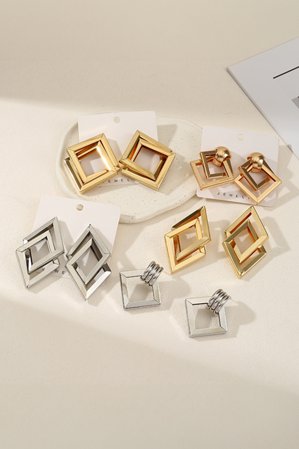Gold Plated Double Square Geometry Studded Earrings