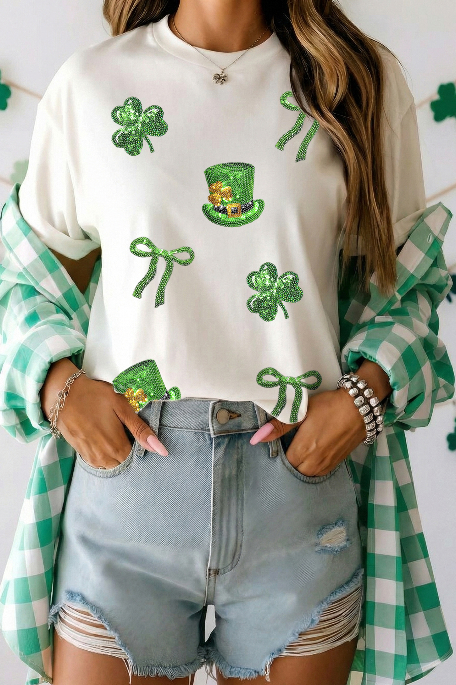 White Coquette St Patricks Day Sequin Graphic T Shirt