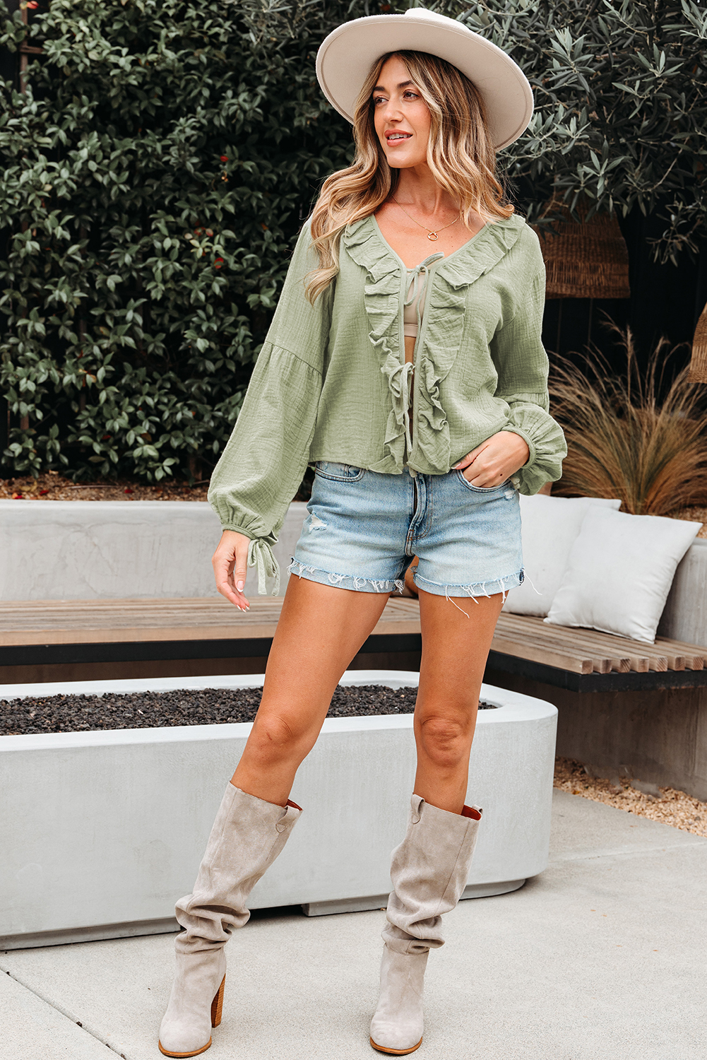 Meadow Mist Green Bow Tie Front Ruffle Trim V Neck Long Sleeve Gauze Blouse