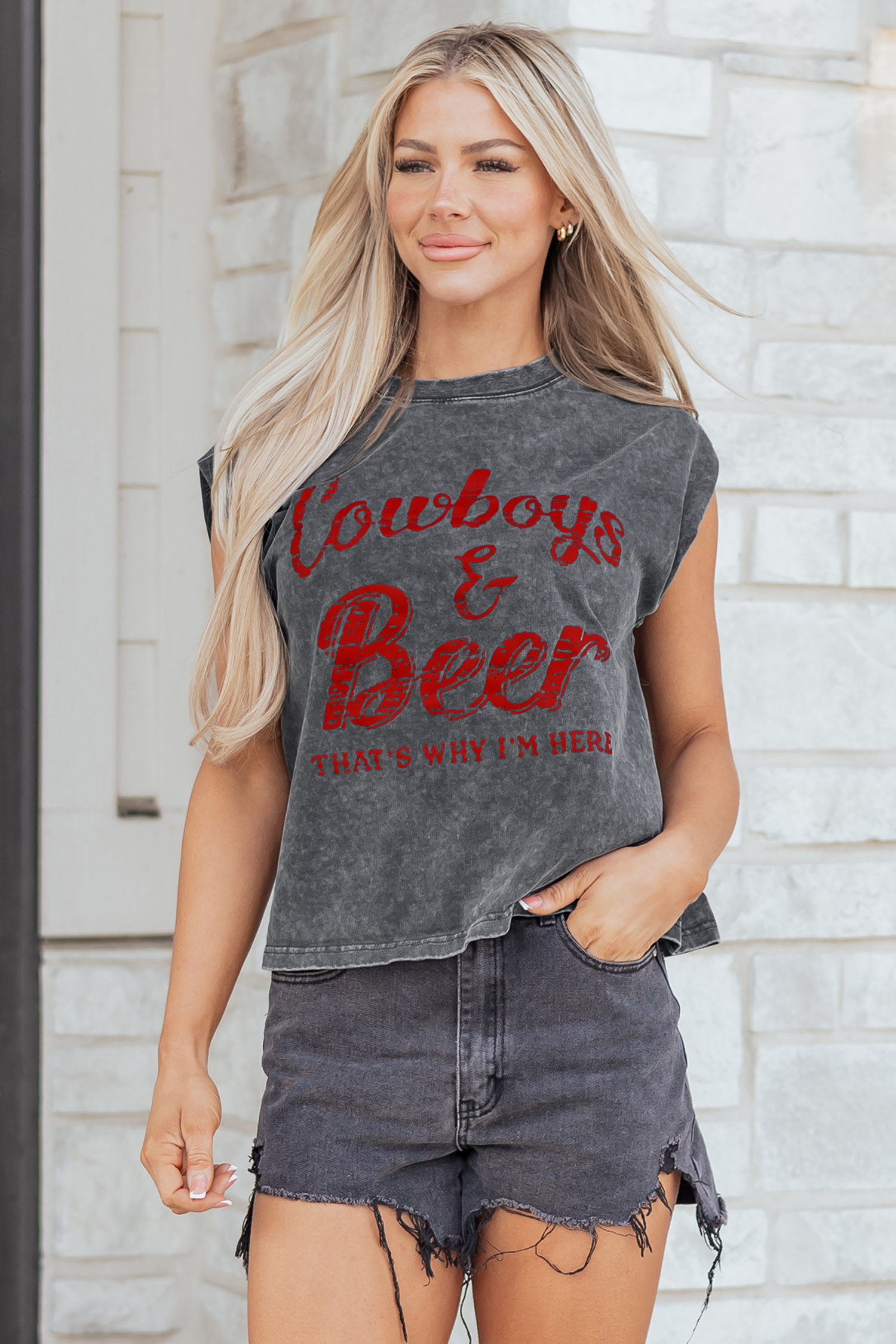 Smoke Gray Cowboy & Beer Western Graphic Mineral Wash Tank Top
