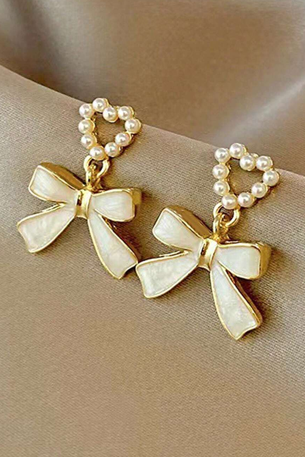 Gold Pearled Heart Shape Bow Knot Dangle Earrings
