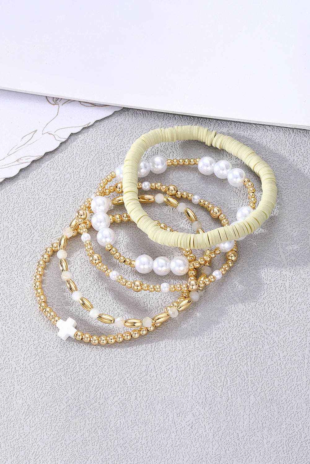 Gold Plated Beading Pearl Detail 5pcs Elastic Bracelet Set