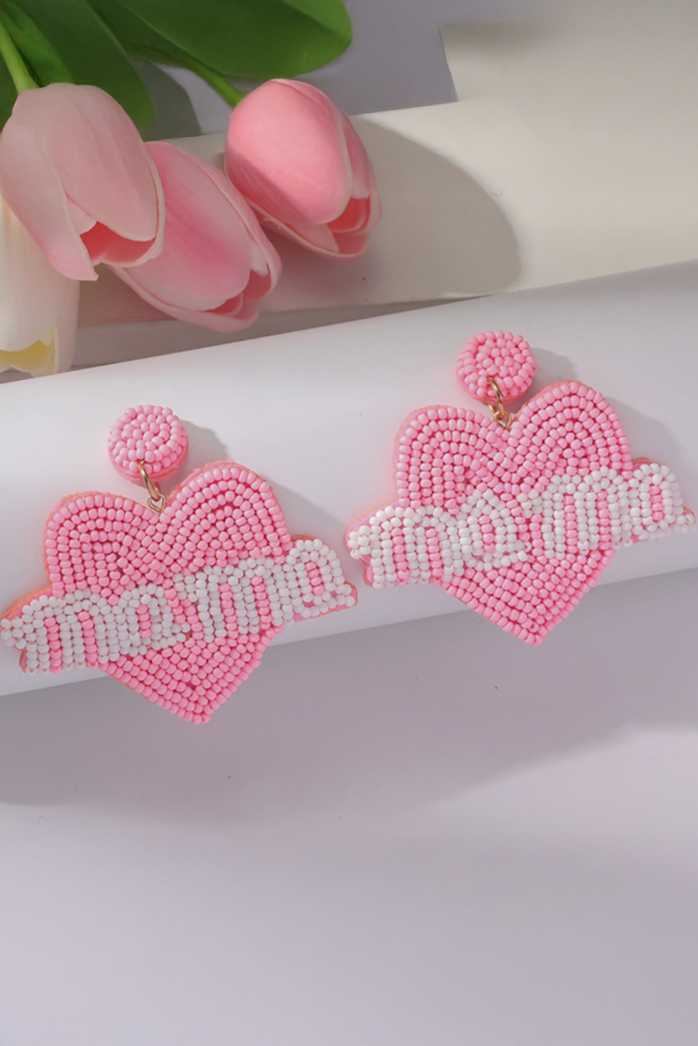 Bonbon Mama Heart Shape Beaded Stud Earrings