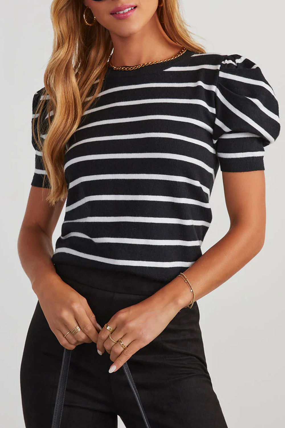 Blue Stripe Ribbed Trim Round Neck Bubble Sleeve Knitted Top