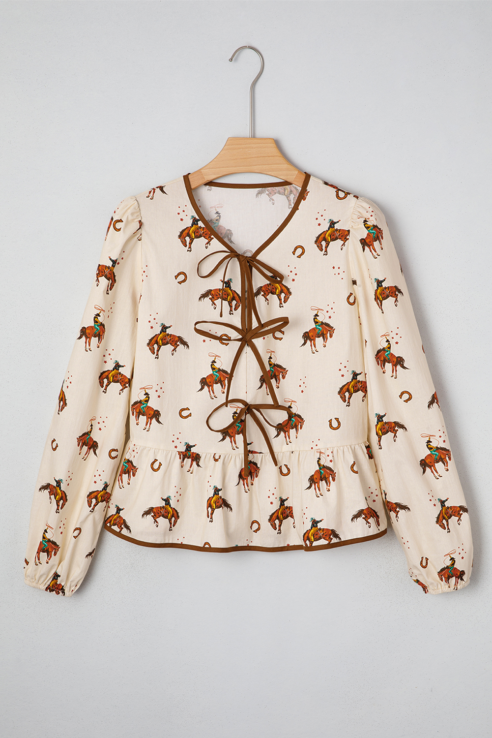 Apricot Western Rodeo Print Tied Front Puff Sleeve Peplum Top