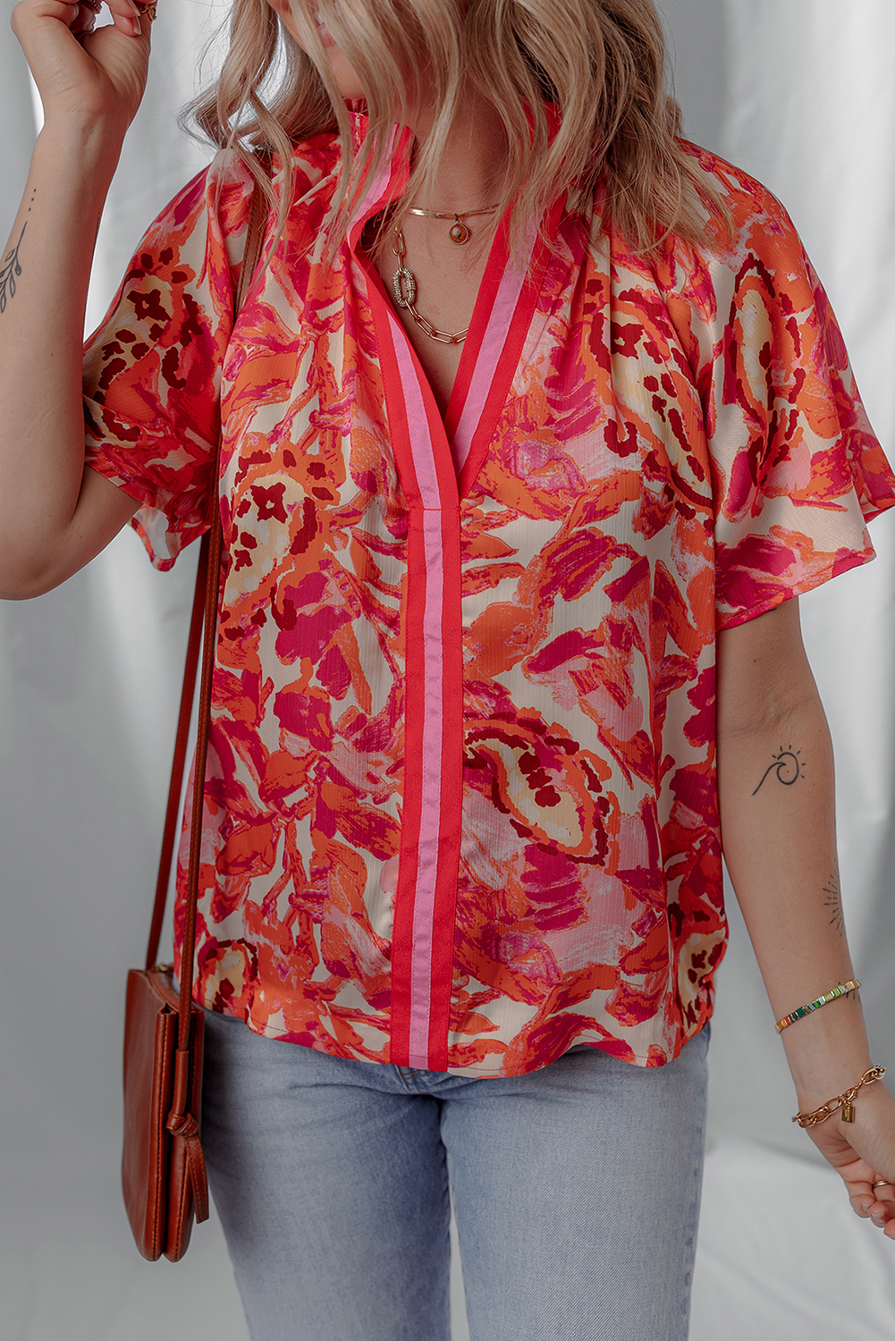 Rose Abstract Print Striped Trim Split Neck Blouse