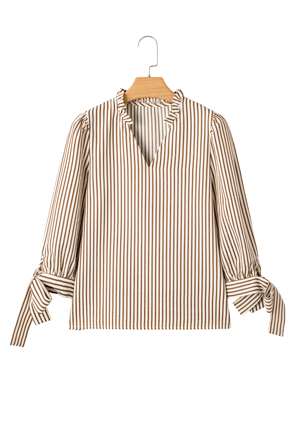 Straw Yellow Striped Print Tied Cuffs Split Neck Seersucker Blouse