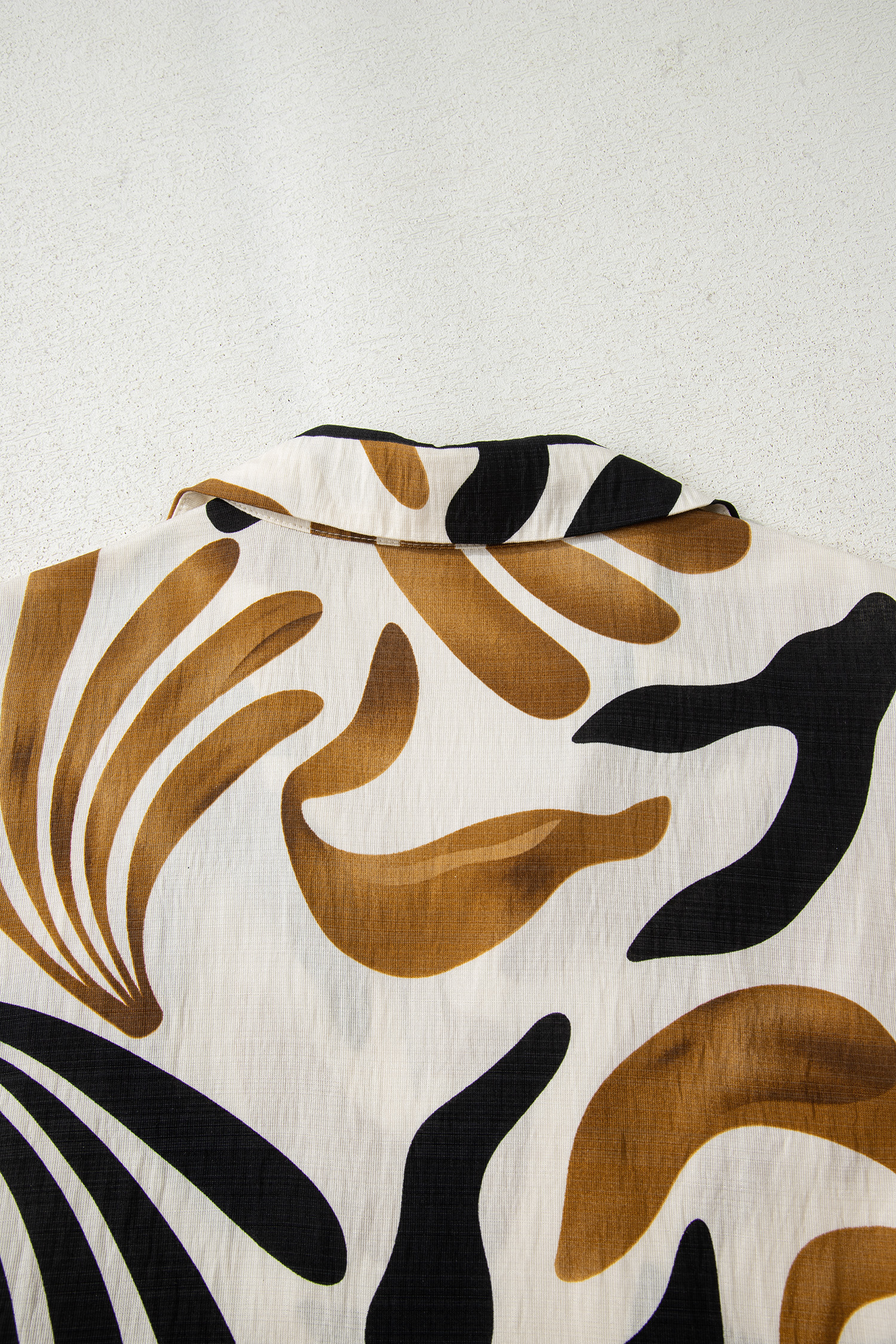 Brown Tropical Printed Contrast Trim Neck Long Sleeve Ruffle Hem Dress