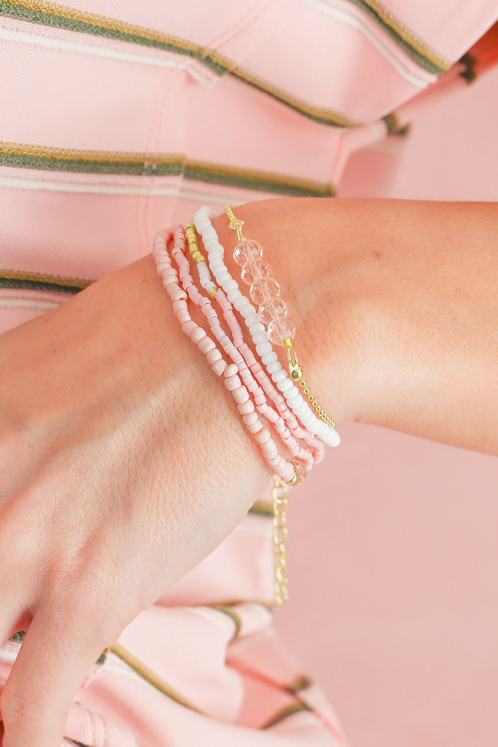 Pink Pearl Crystal Bead Detail 5pcs Elastic Bracelet Set