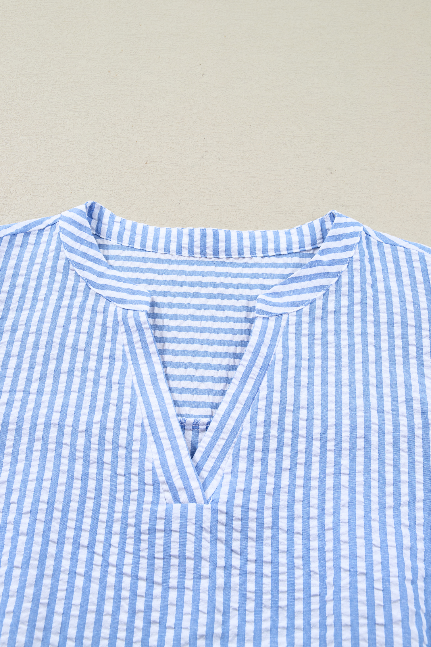 Sky Blue Stripe Seersucker Textured Notched Neck Long Puff Sleeve Tiered Curvy Dress