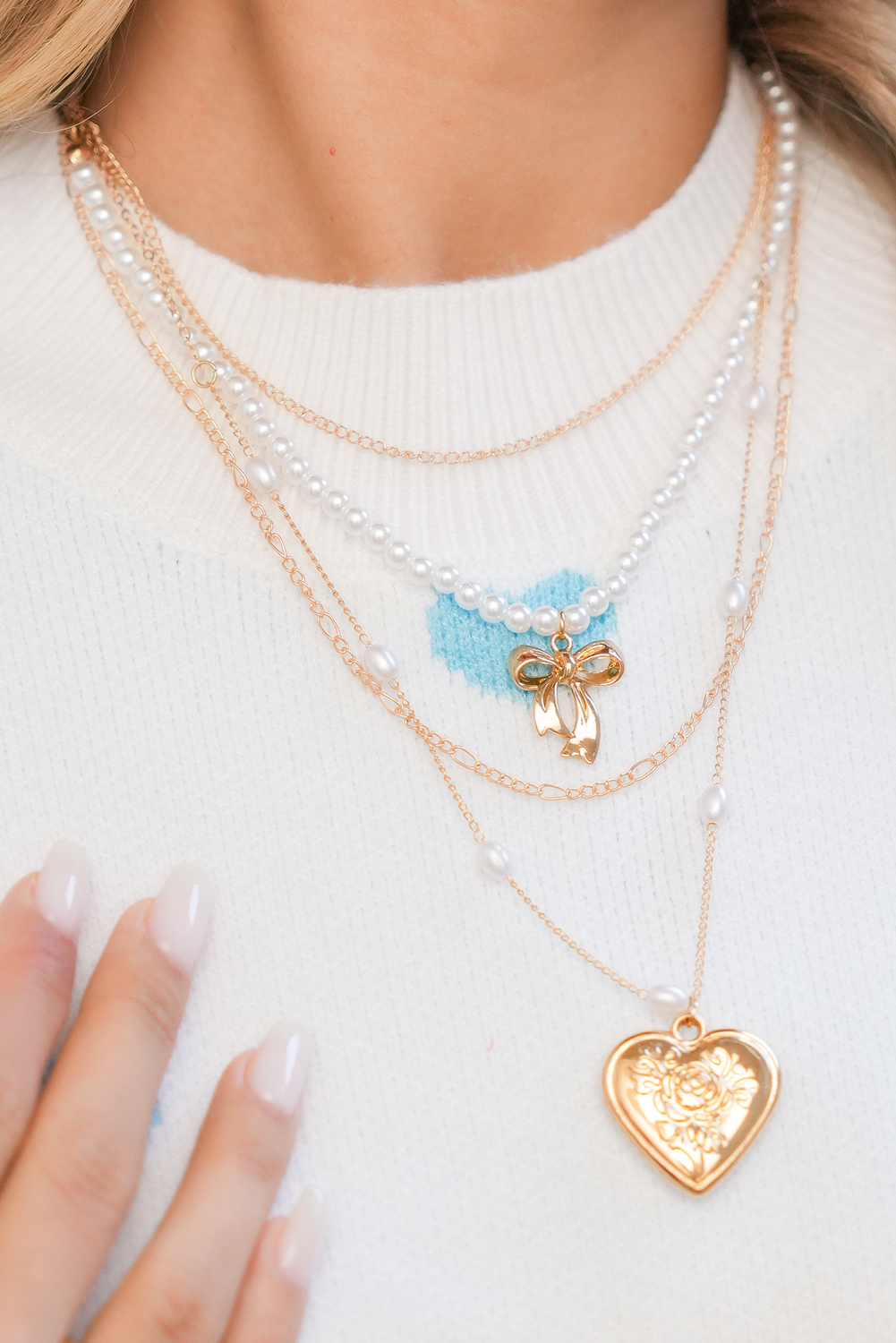 Gold Plated Bow Heart Pendant Pearl Beading Multilayer Necklace