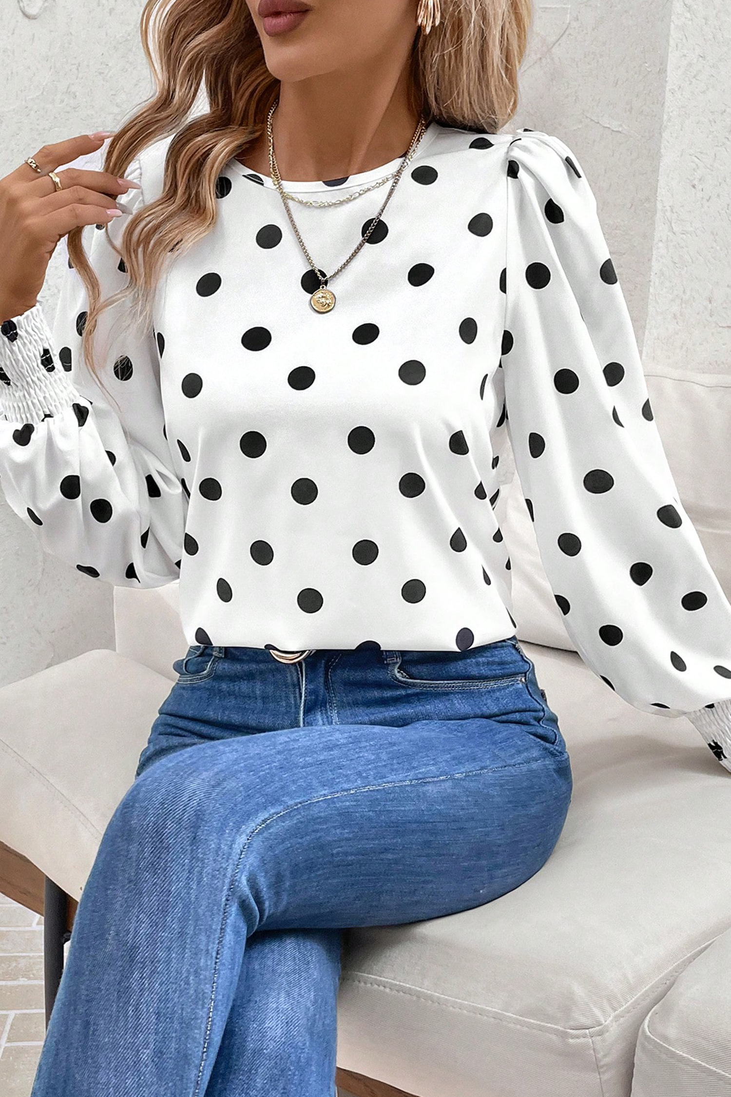 White Polka Dot Print Round Neck Frilled Long Sleeve Blouse