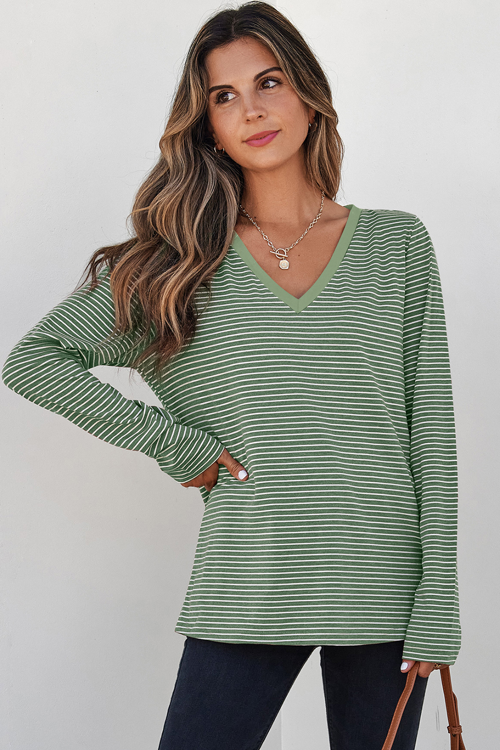 Green Stripe V Neck Stretchy Long Sleeve Top