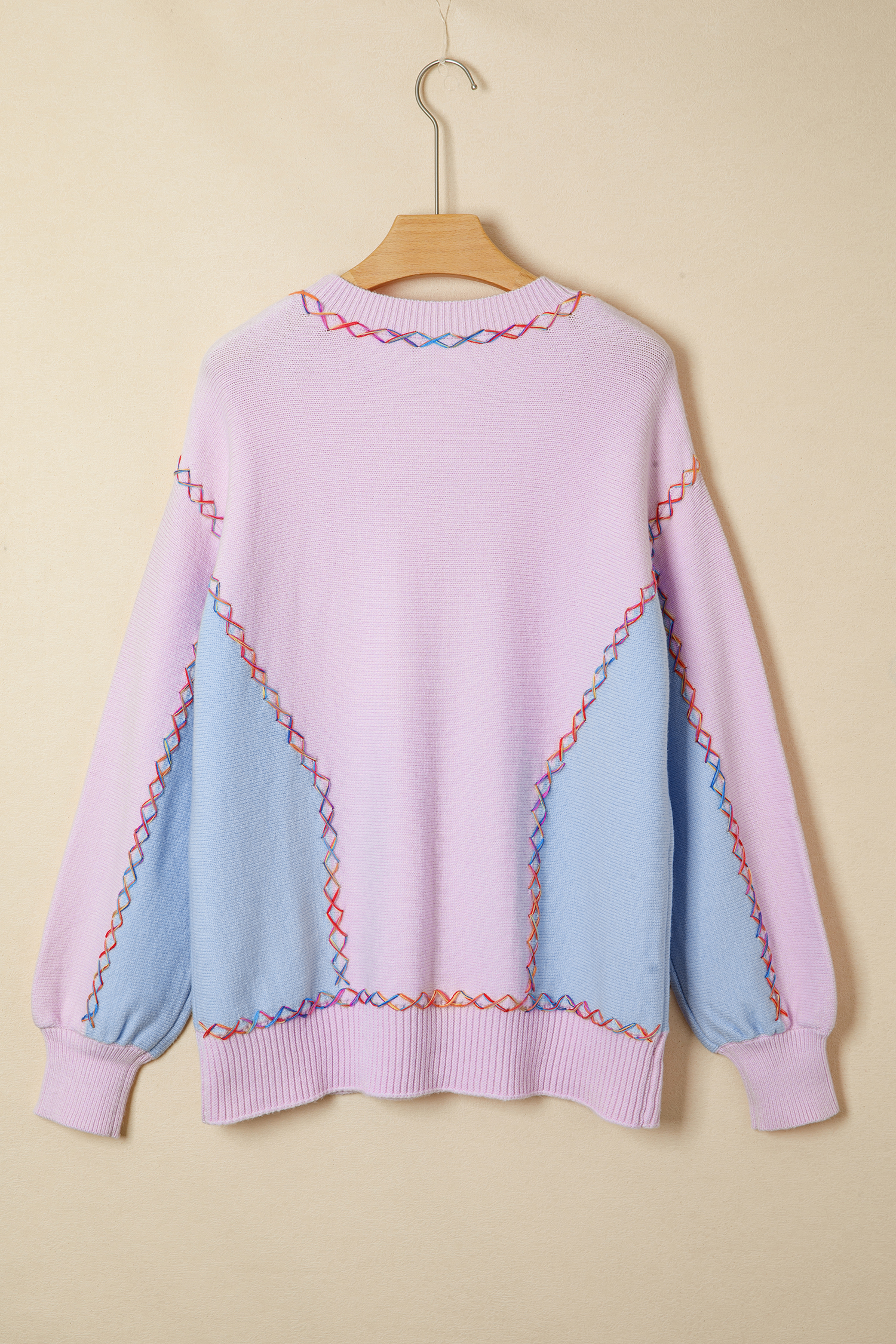 White Rainbow Stitching Balloon Sleeve Relaxed Sweater