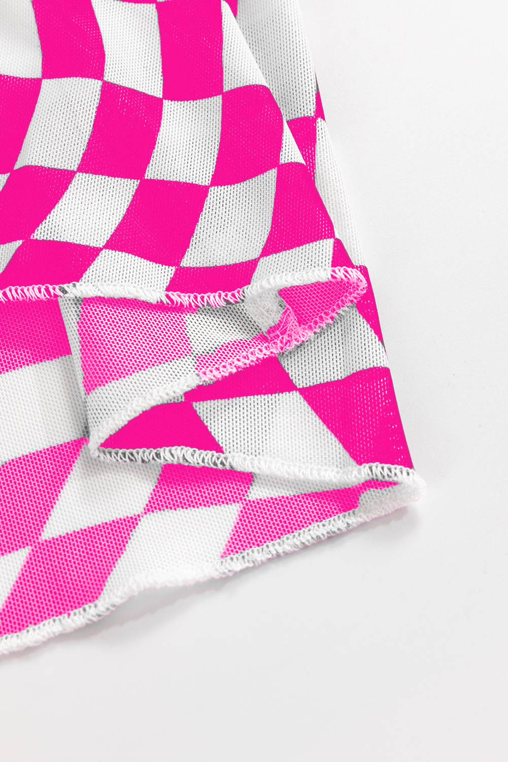 Khaki Checkered Pattern Mesh Mock Neck Long Sleeve Top