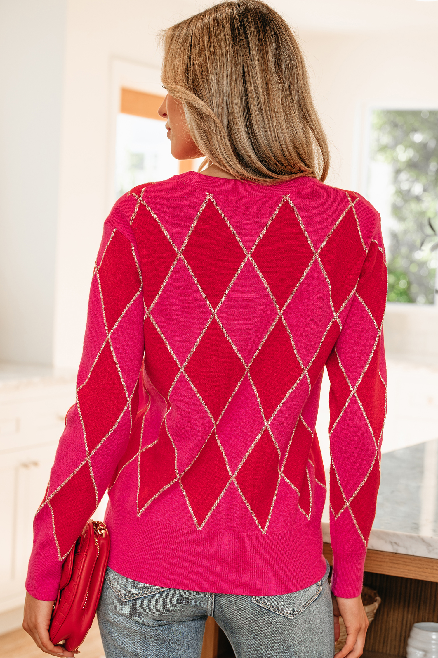 Rose Glitter Trim Rhombus Pattern Knit Sweater Vest