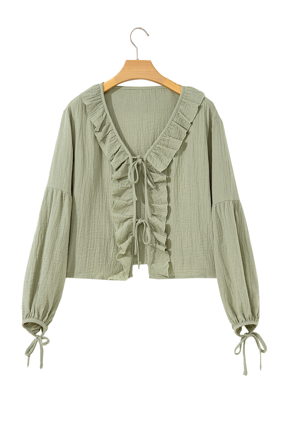 Meadow Mist Green Bow Tie Front Ruffle Trim V Neck Long Sleeve Gauze Blouse