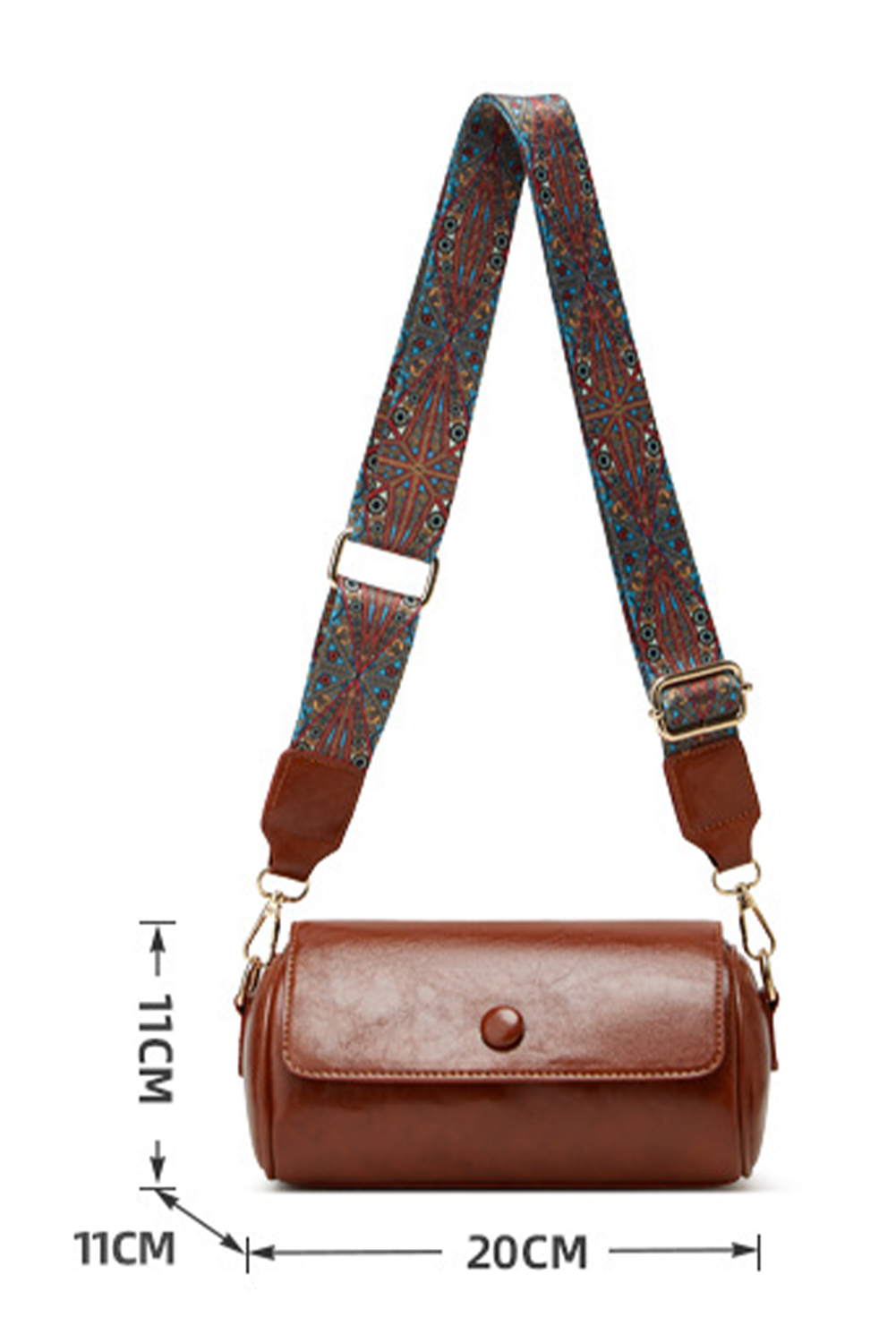 Chestnut PU Leather Flap Shoulder Bag with Retro Print Wide Strap