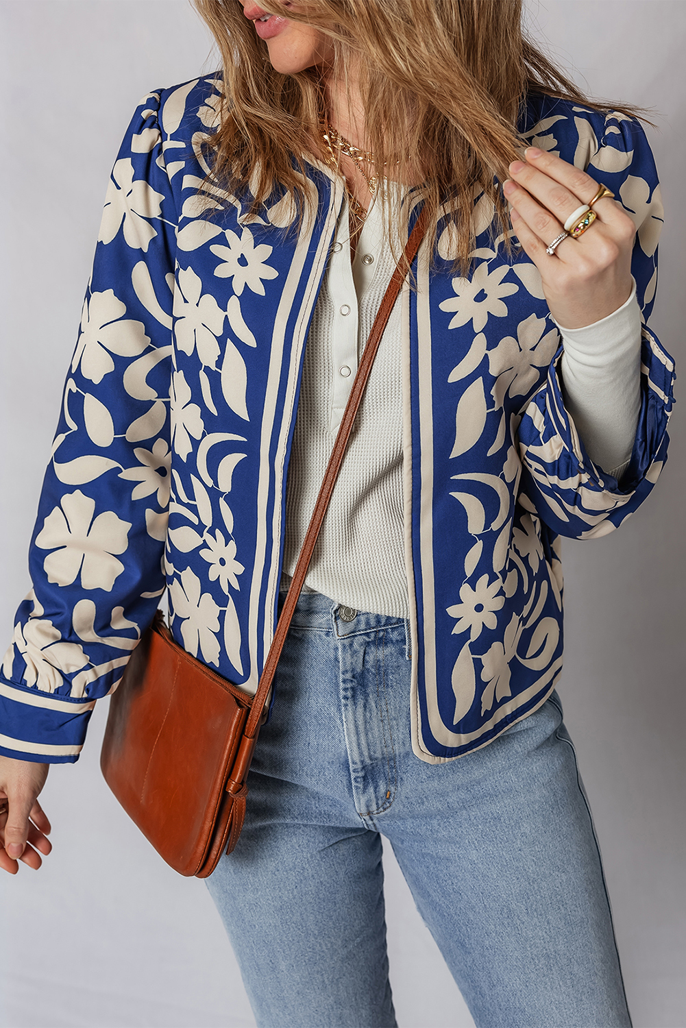 Blue Flower Print Open Front Buttoned Cuffs Elegant Jacket