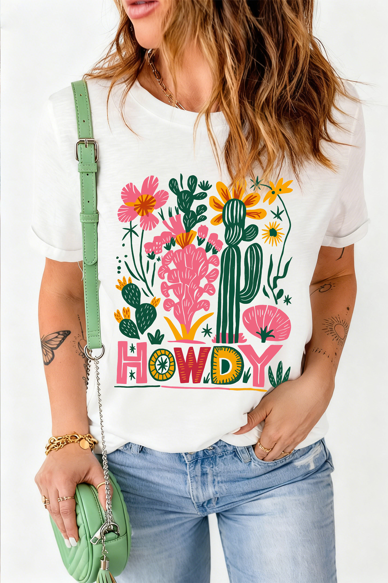 White HOWDY Cactus Flower Printed Cowgirl Fashion Tee