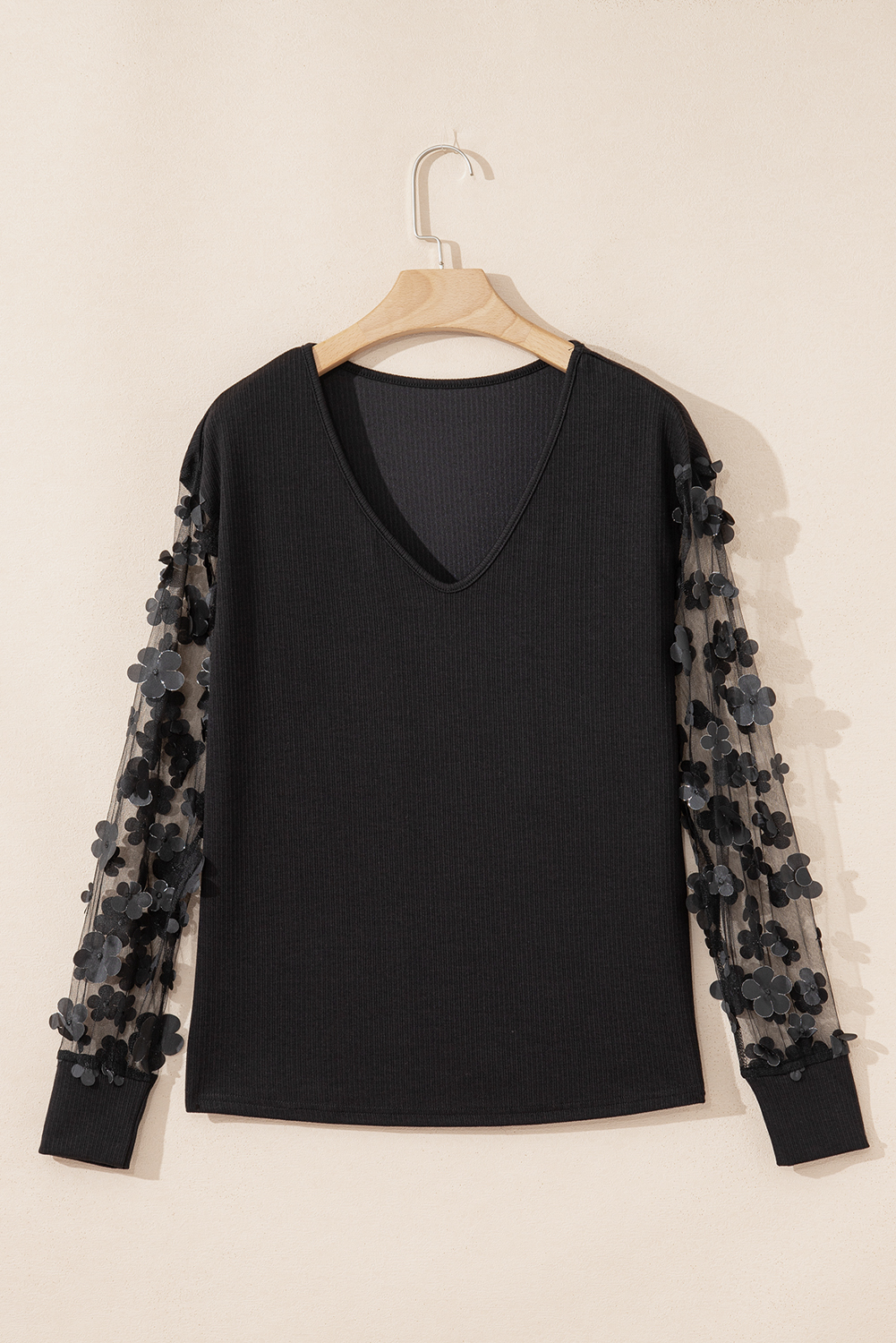 Black Flower Applique Mesh Long Sleeve V Neck Blouse