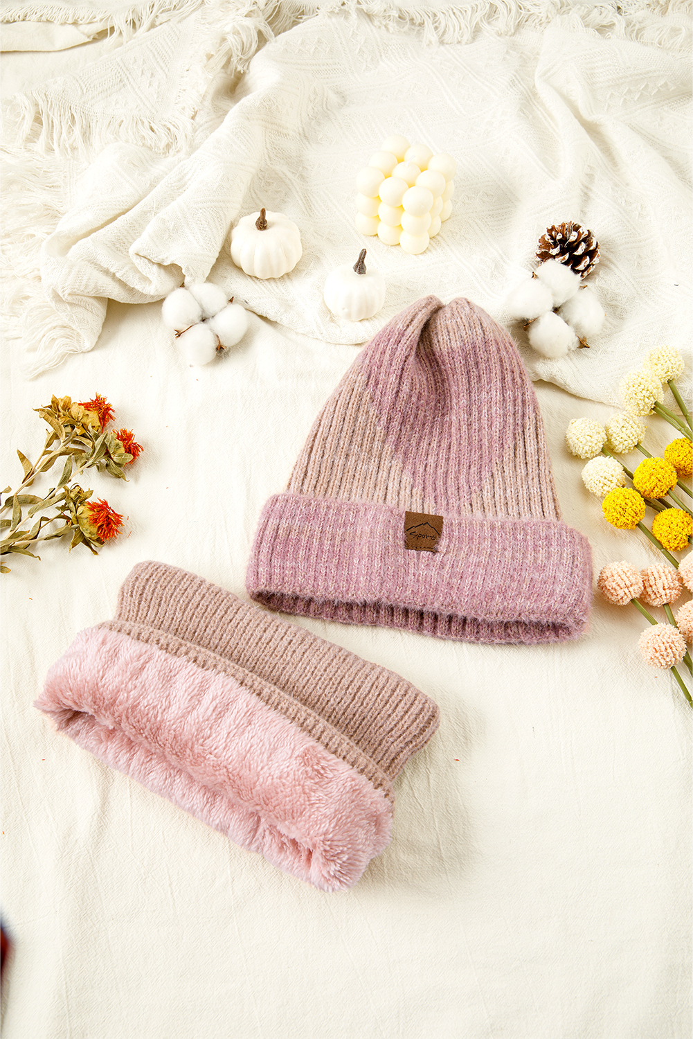 Peach Blossom Cozy Sherpa Liner Stylish Knitted Beanie and Scarf Set