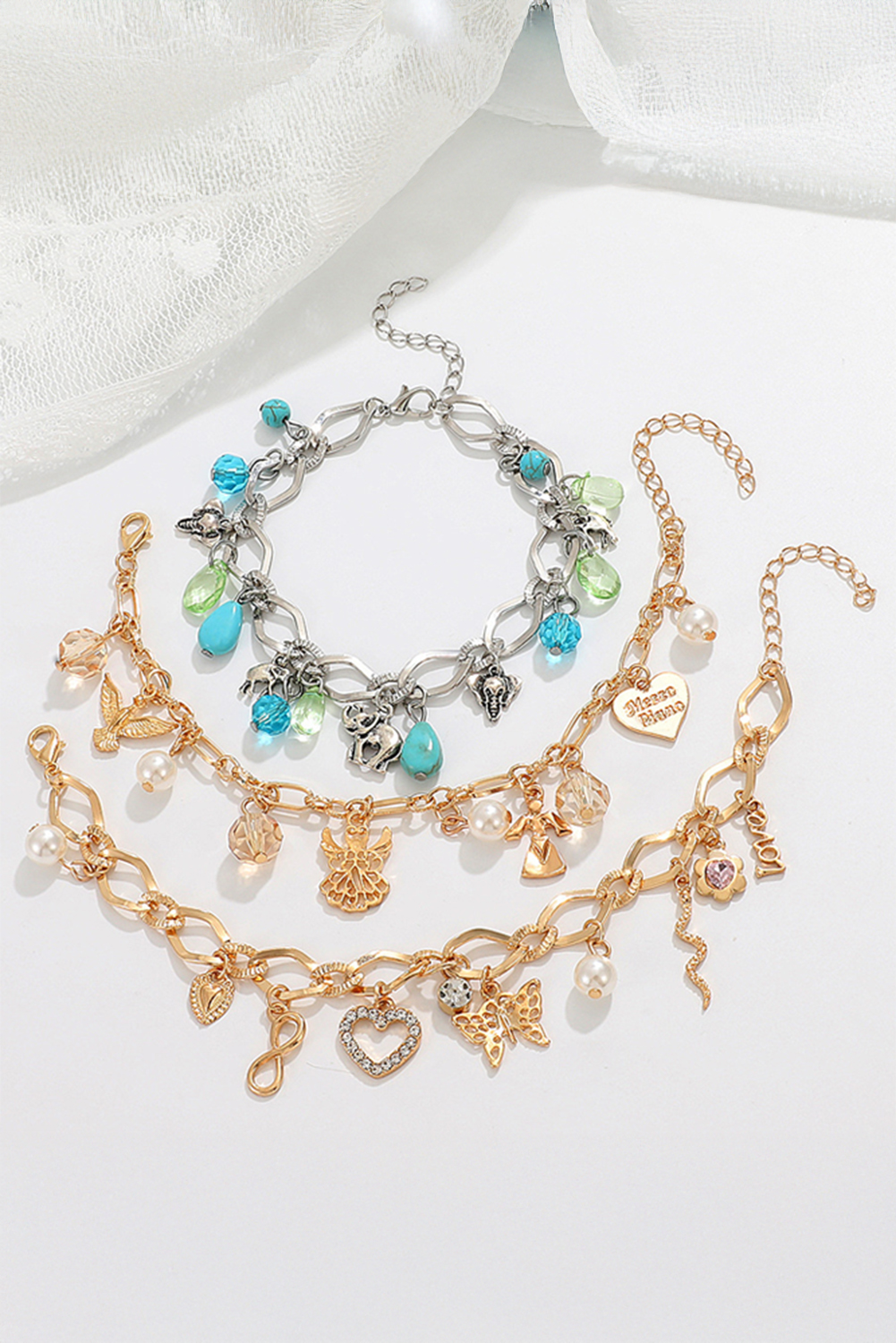 Gold Heart Butterfly Pearl Charm Plated Alloy Bracelet