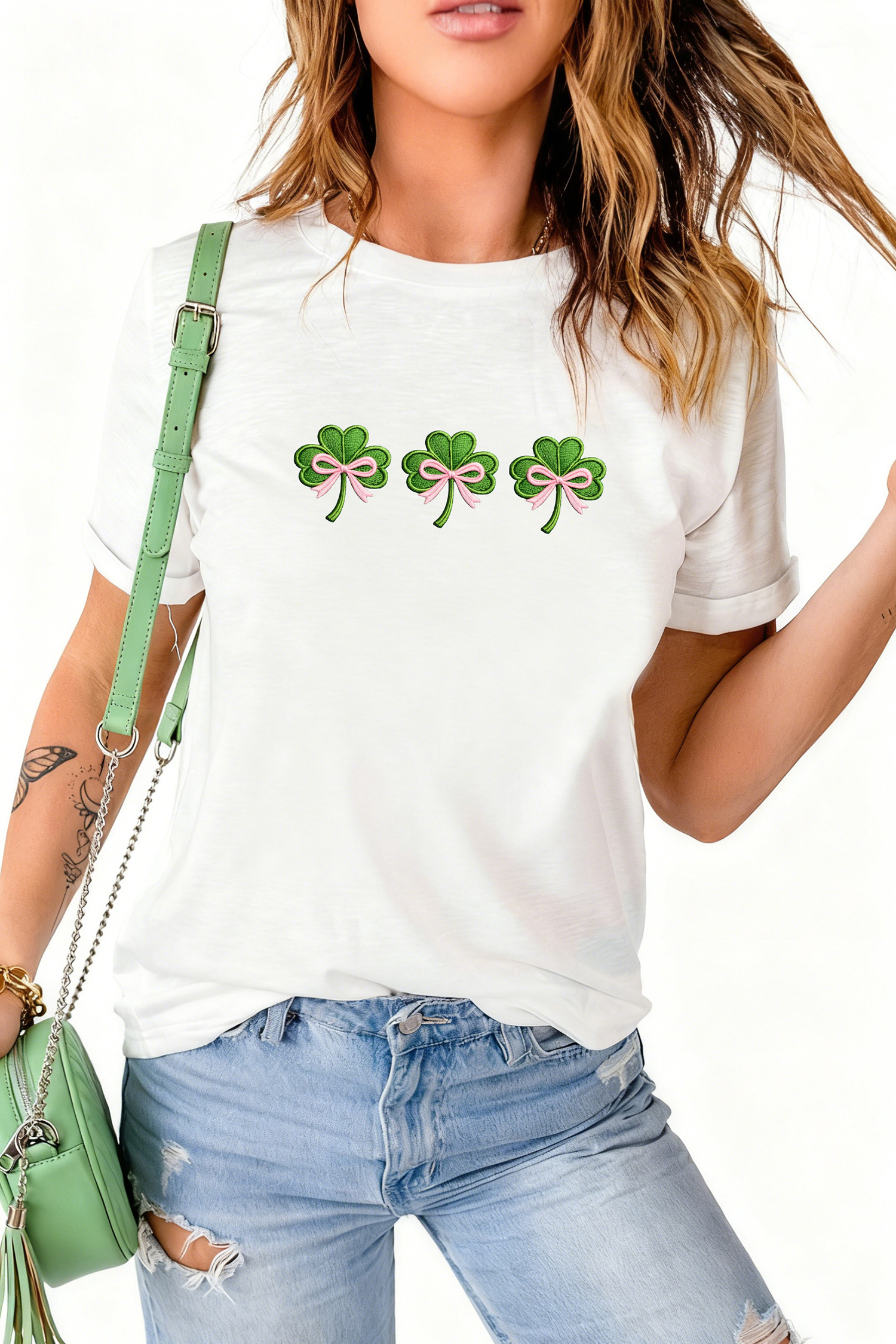 White Ribbon Bow Clover Embroidered Casual T Shirt