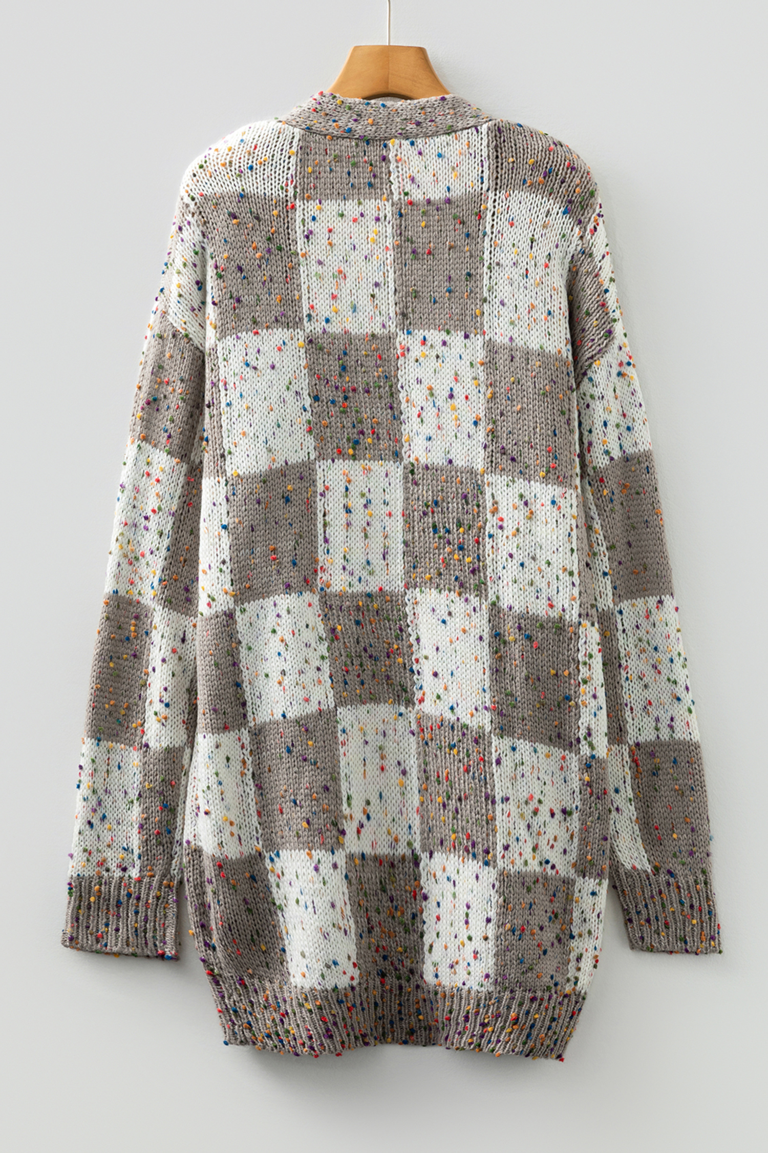 Brown Confetti Dot Checkered Print Open Cardigan with Pockets