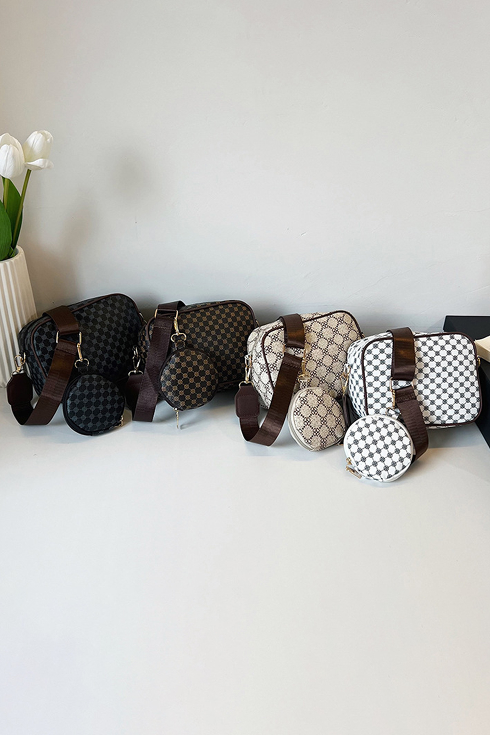 Coffee Checkered Print PU Leather Shoulder Bag with Coin Wallet