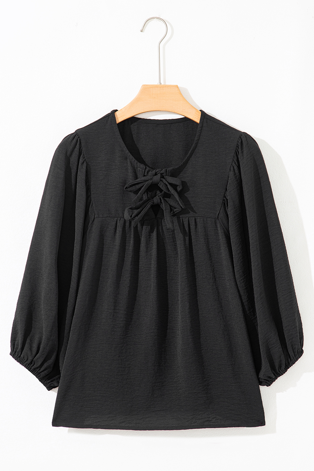 Black Bow Tie Neck 3/4 Sleeve Casual Blouse