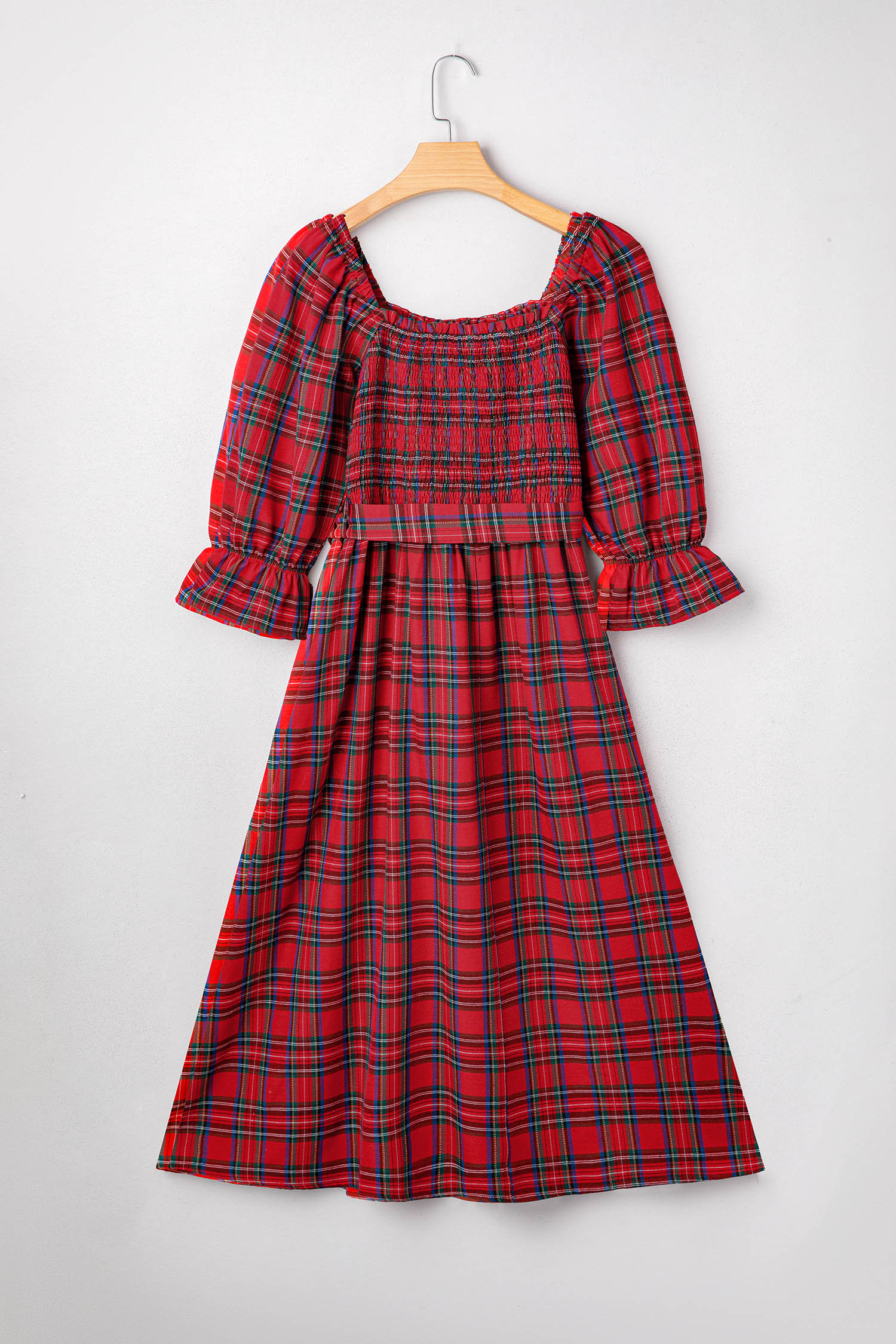 Red Tartan Plaid Square Neck Puff Sleeve Knot Waist Flared Midi Dress