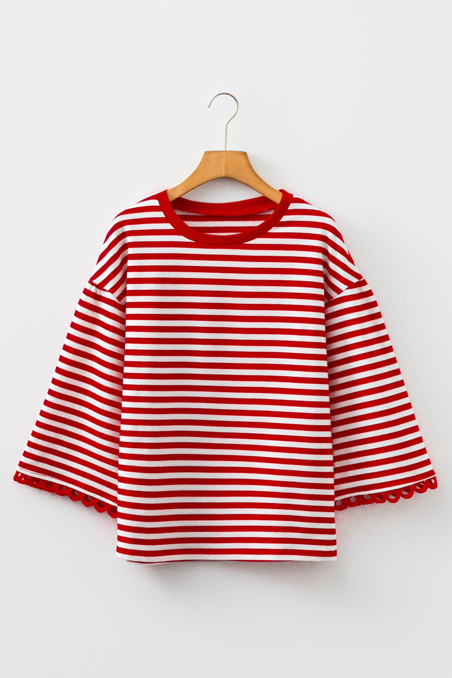 Racing Red Striped Print Drop Shoulder Lace Trim Bracelet Sleeve Loose Top