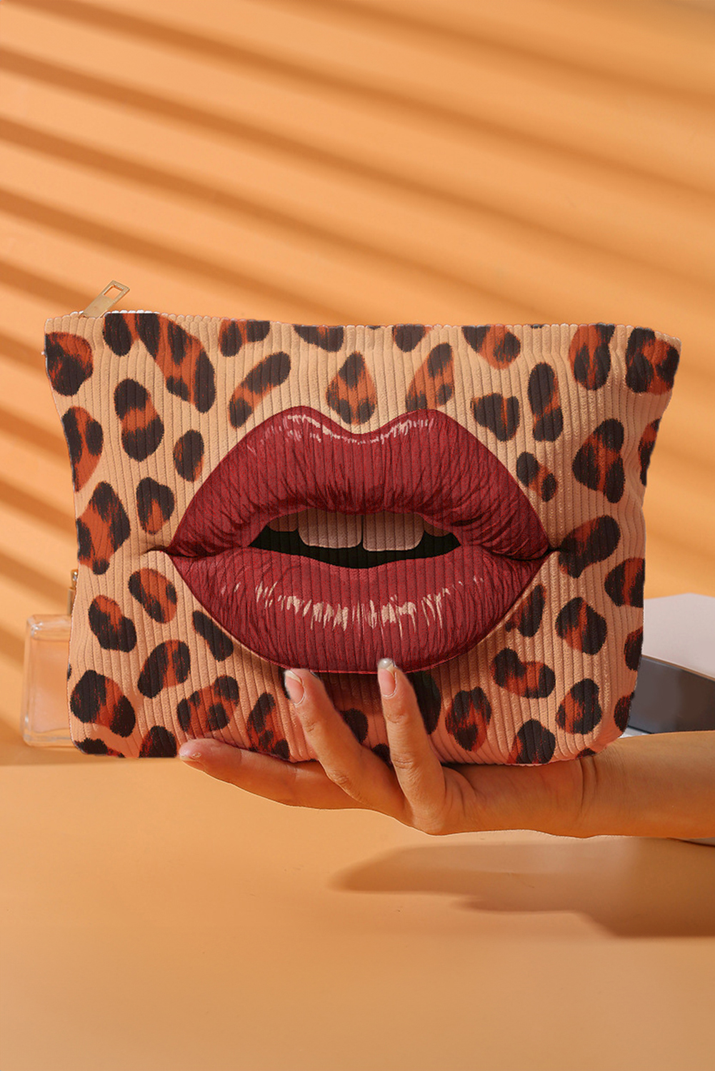 Brown Leopard Lip Shape Print Canvas Functional Makeup Bag