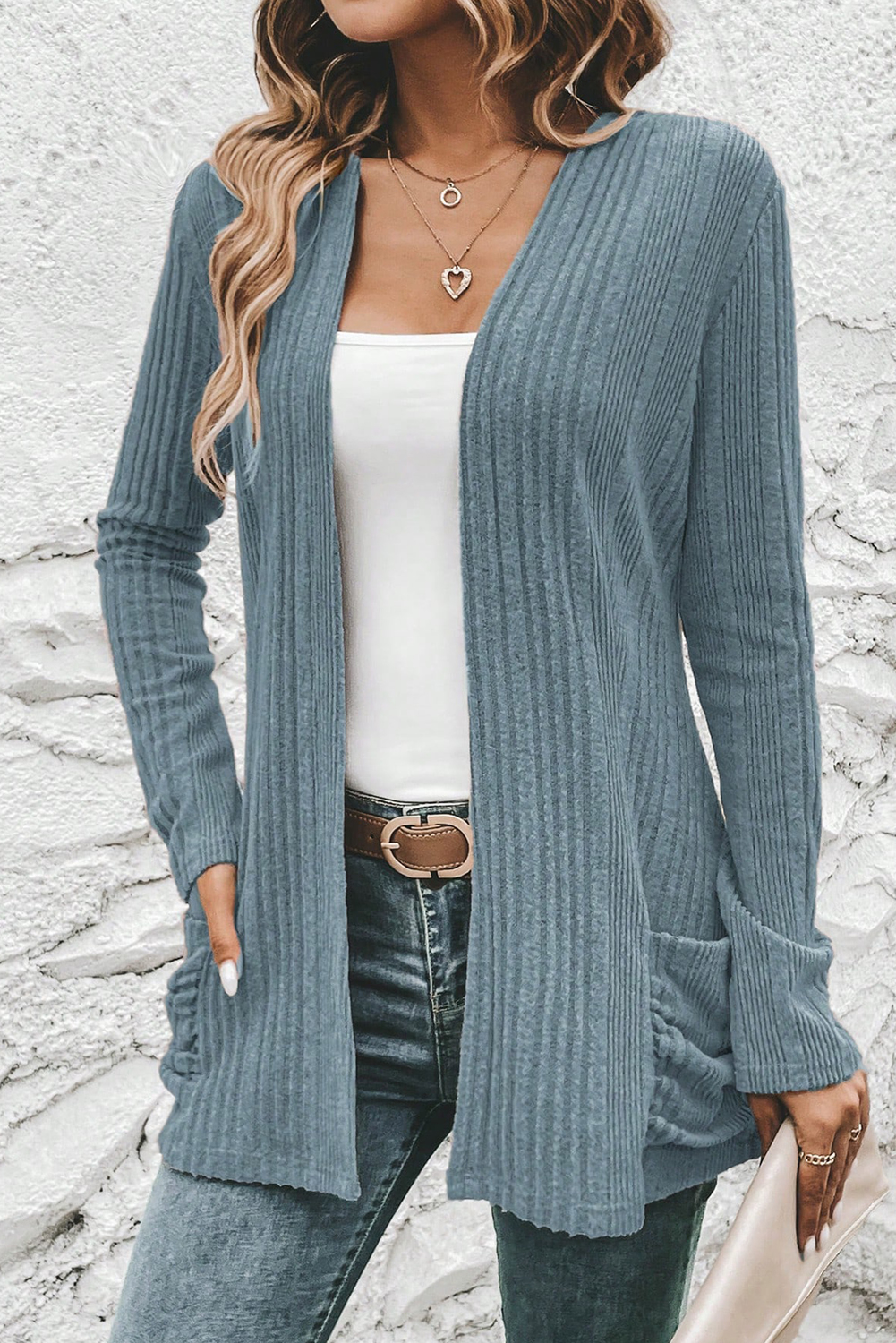 Stone Blue Ribbed Open Front Knitted Top with Pockets