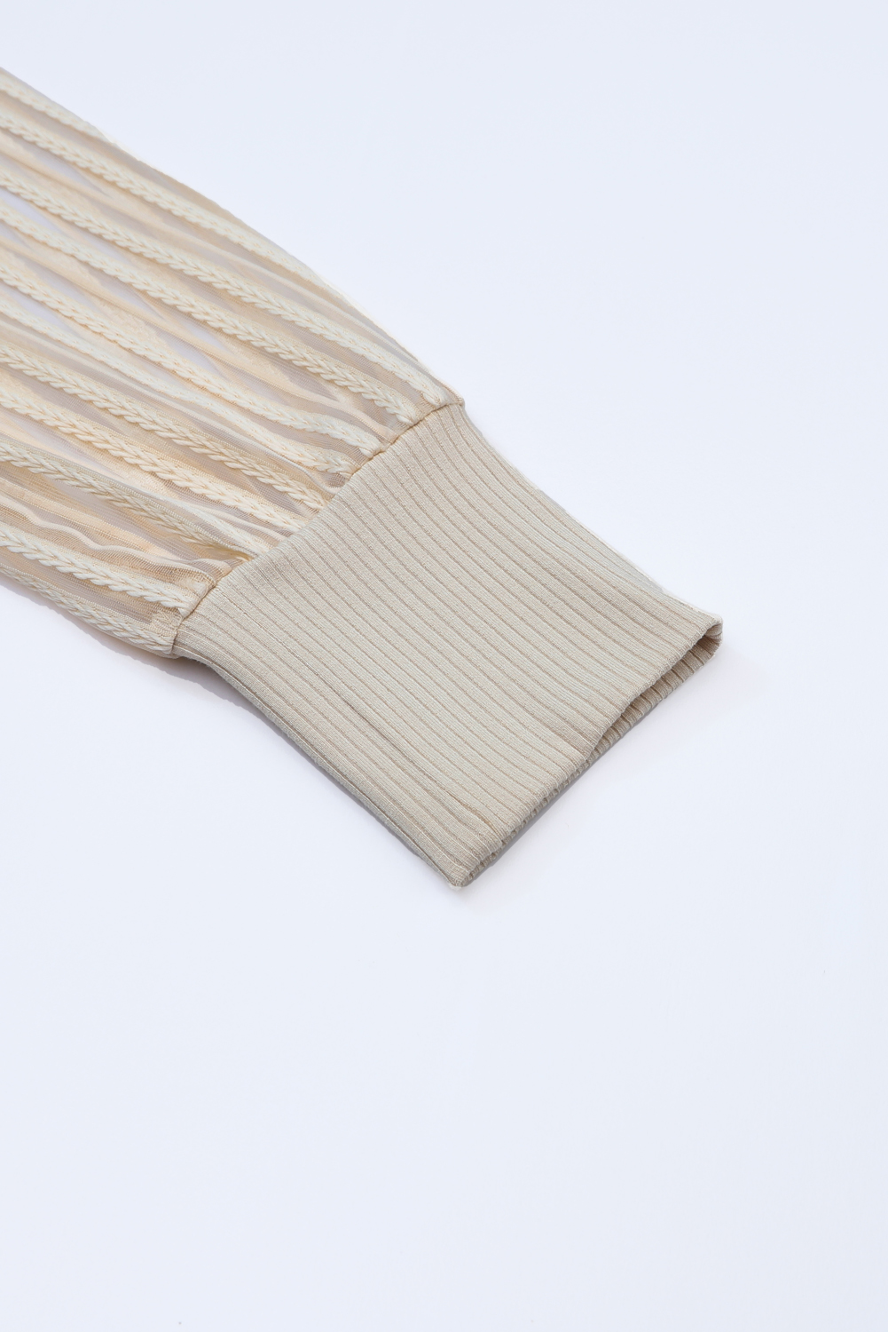 Gray Striped Mesh Long Sleeve Crewneck Ribbed Top