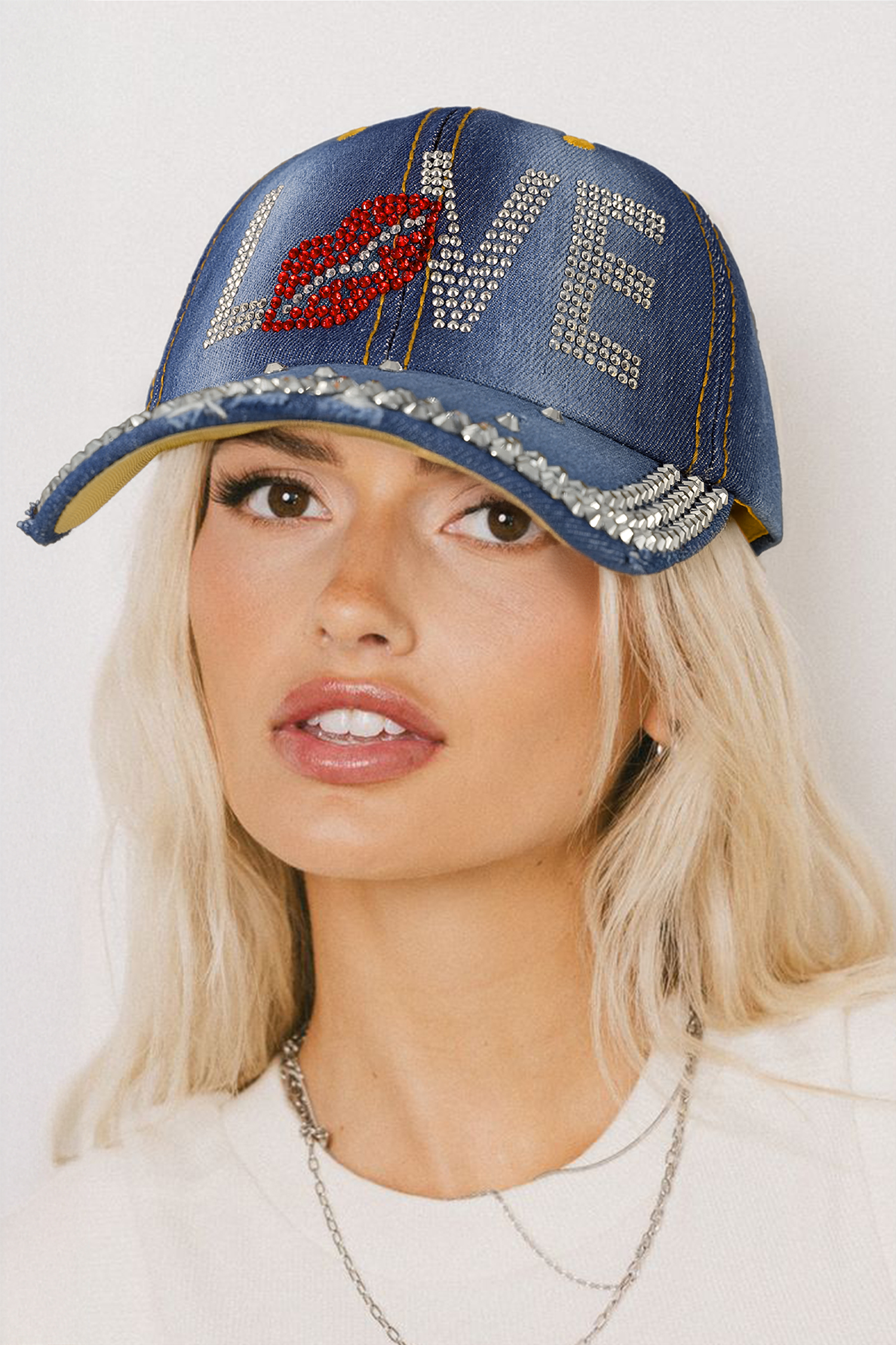 Ashleigh Blue Rhinestone Embellished LOVE Lip Denim Baseball Cap