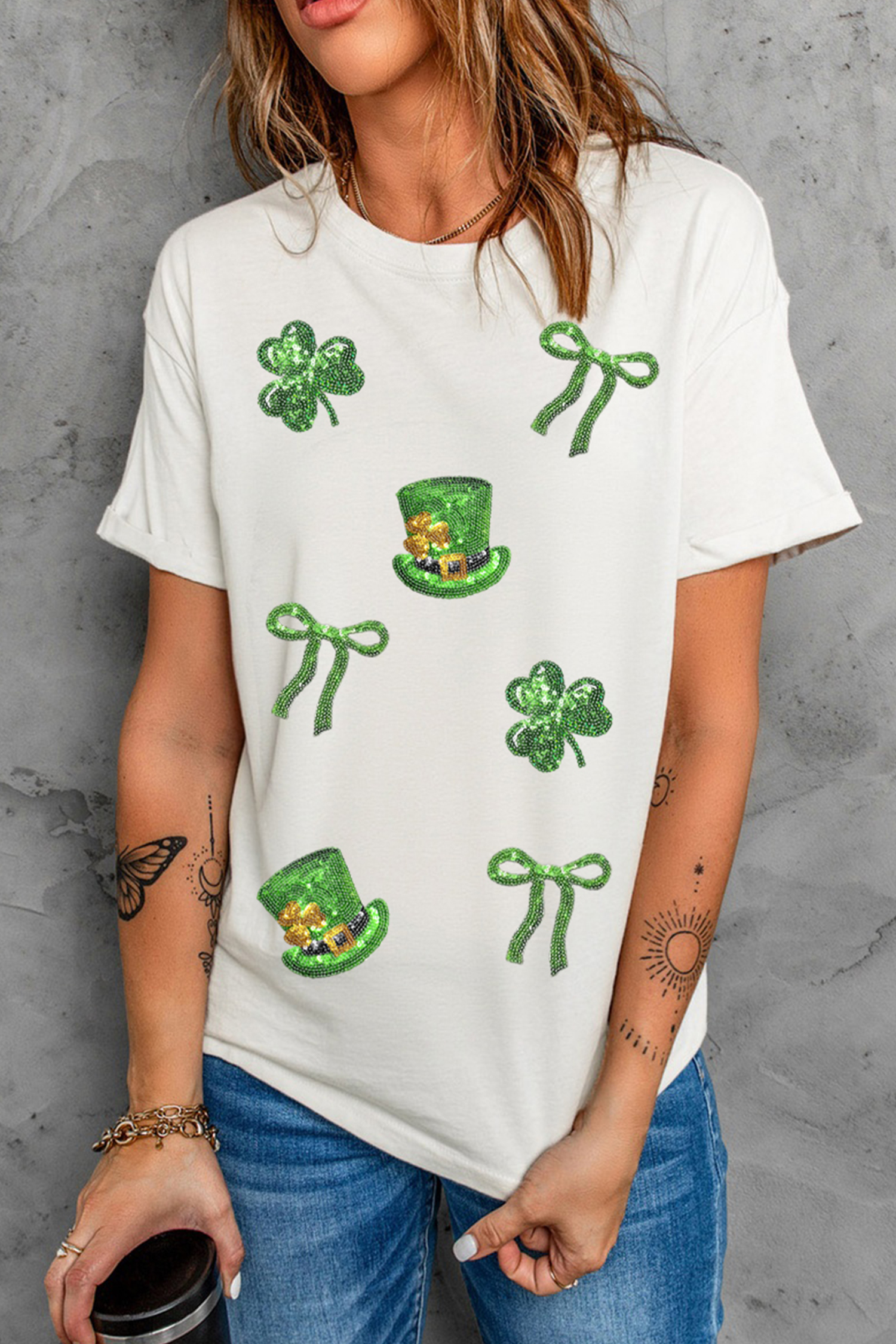 White Coquette St Patricks Day Sequin Graphic T Shirt