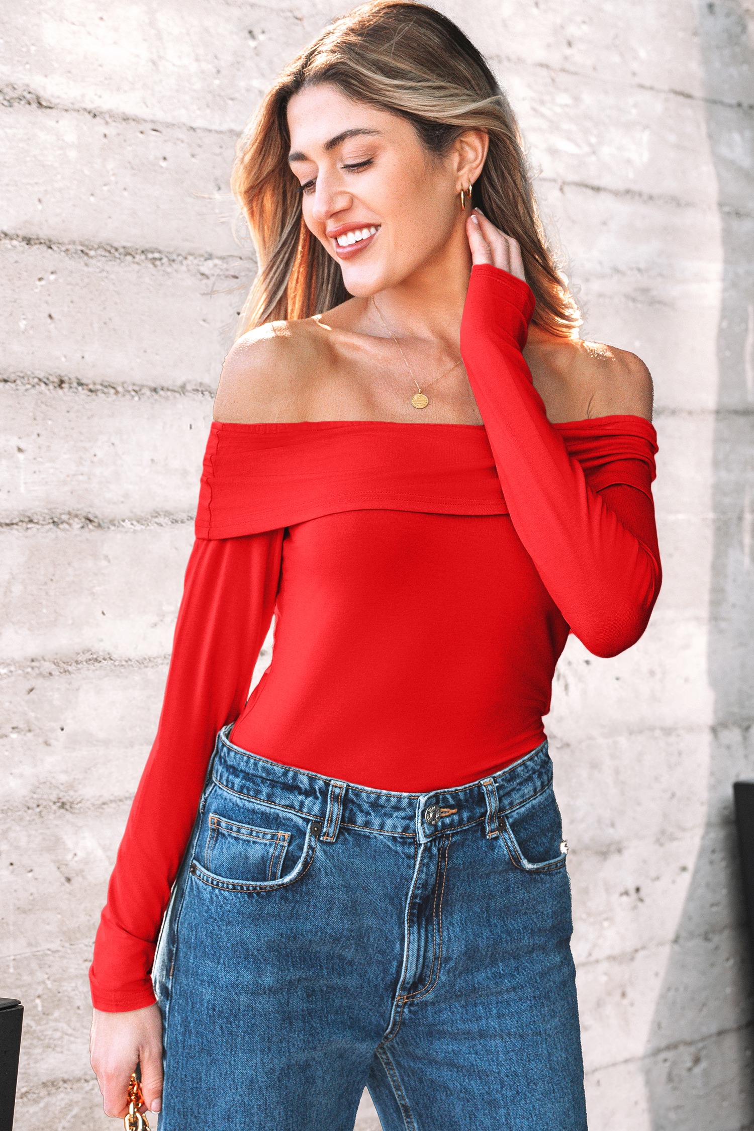 Fiery Red Foldover Off Shoulder Long Sleeve Slim Top